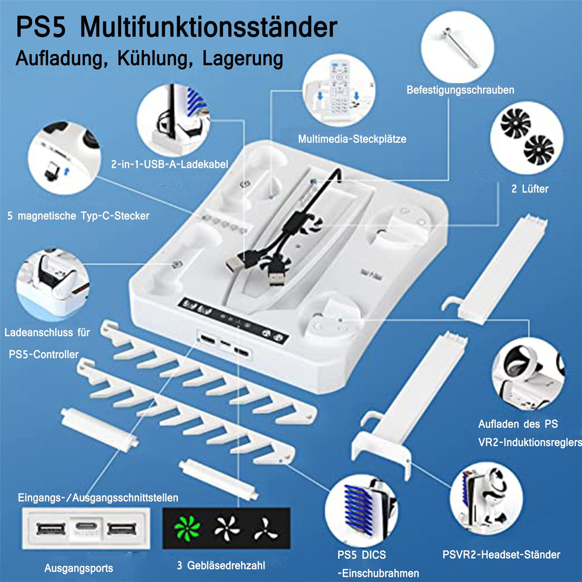 Weißer PS5-Multiständer. Enthält Laden, Kühlen und Aufbewahrung.