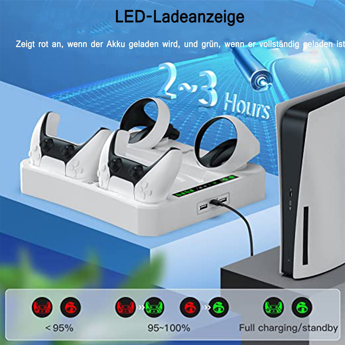 Weiße Ladestation mit zwei Controllern und einer Konsole. Grüne und rote Lichter.