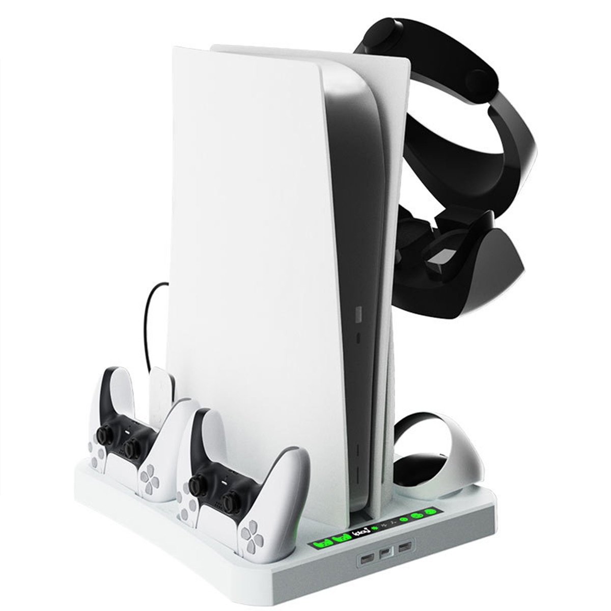 Weiße PS5-Konsole mit Zubehör. Enthält zwei Controller, einen Headset-Ständer und eine Ladestation.