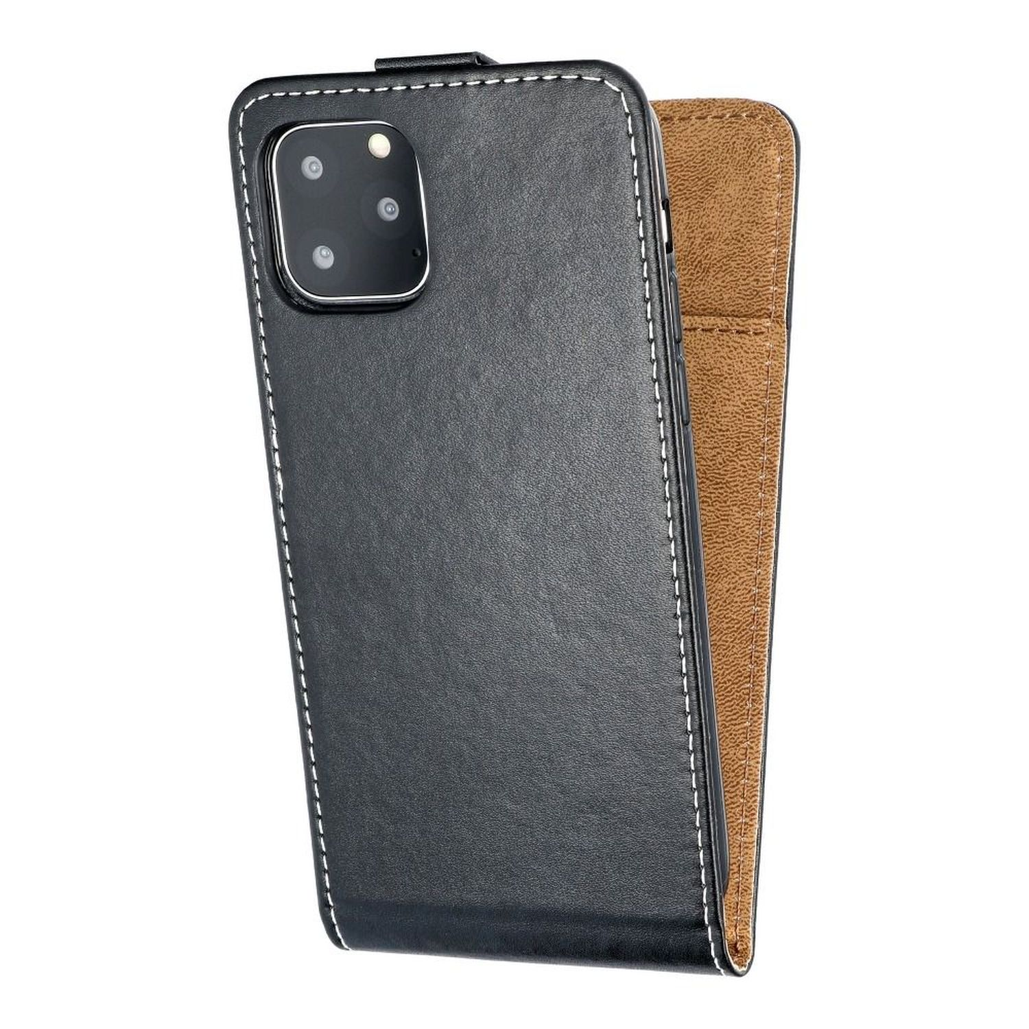 Schwarze Handyhülle mit schwarzem Cover. Innen braun.