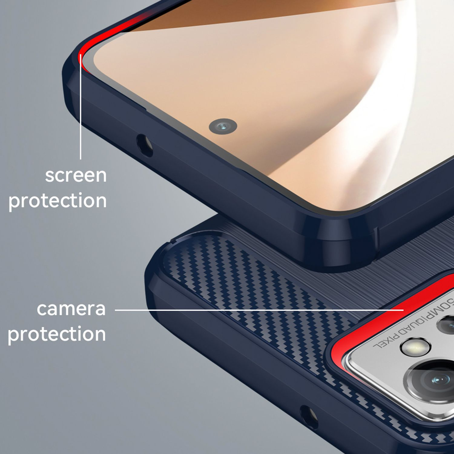 Nahaufnahme einer Handyhülle, die ein Smartphone schützt, mit hervorgehobenem Bildschirm- und Kameraschutz.