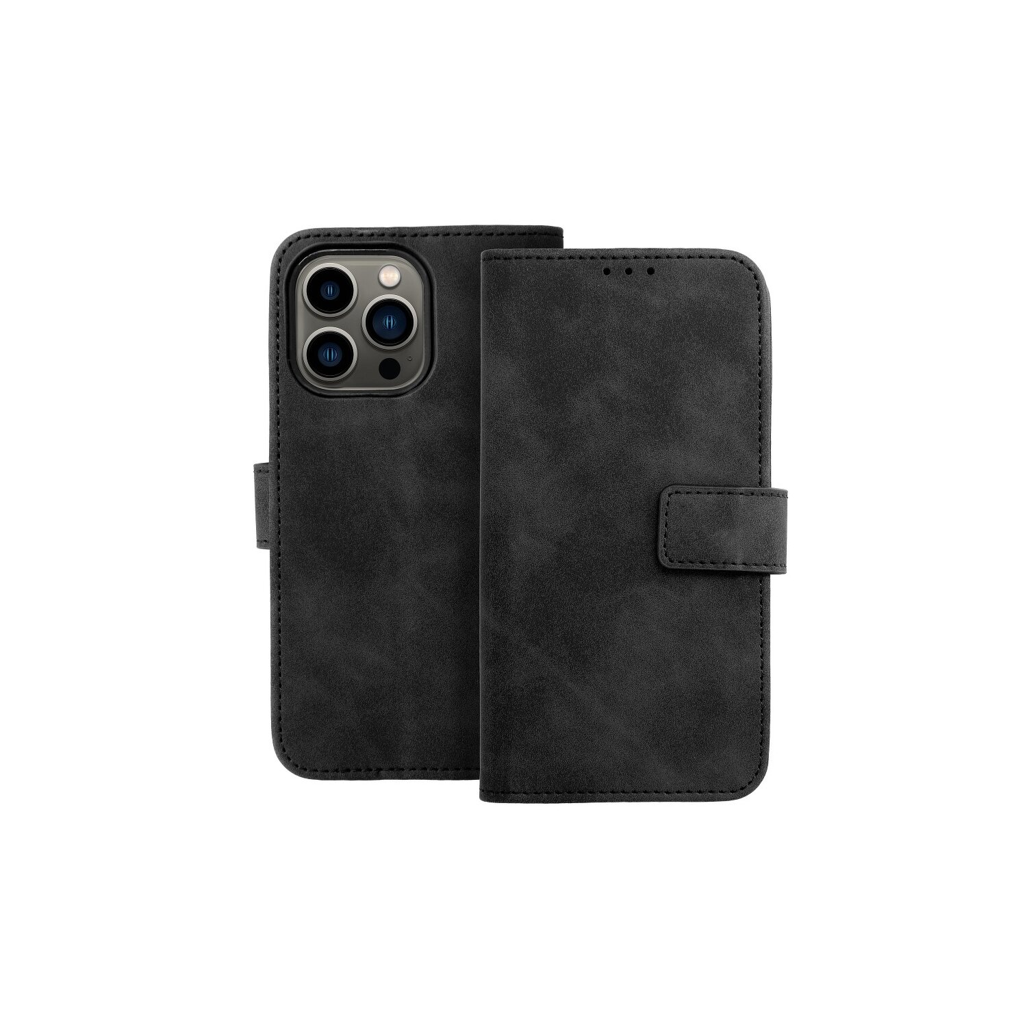 Una custodia per telefono in pelle nera chiusa con chiusura magnetica e tre lenti della fotocamera visibili.