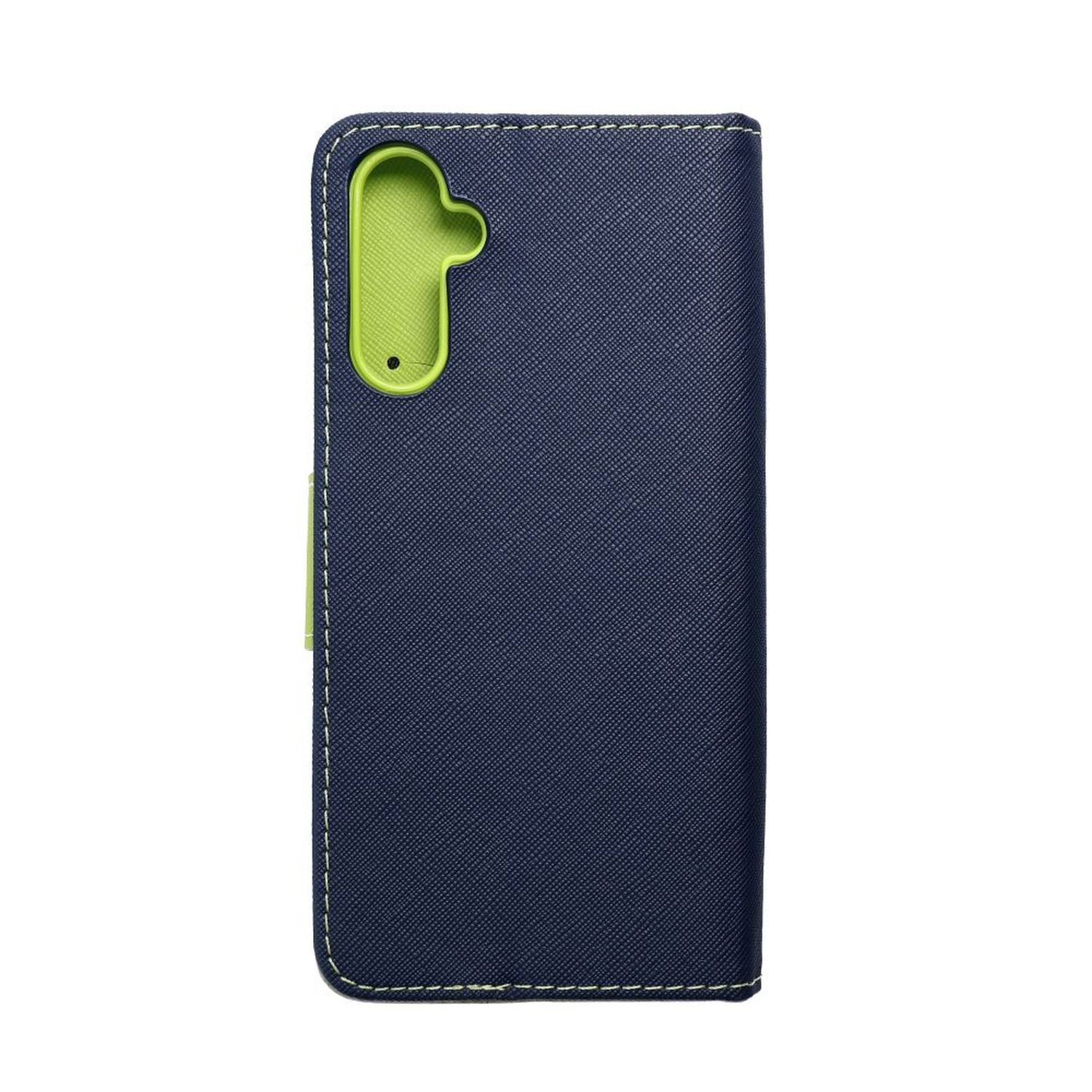 Custodia per telefono blu navy con accento verde e cuciture bianche.