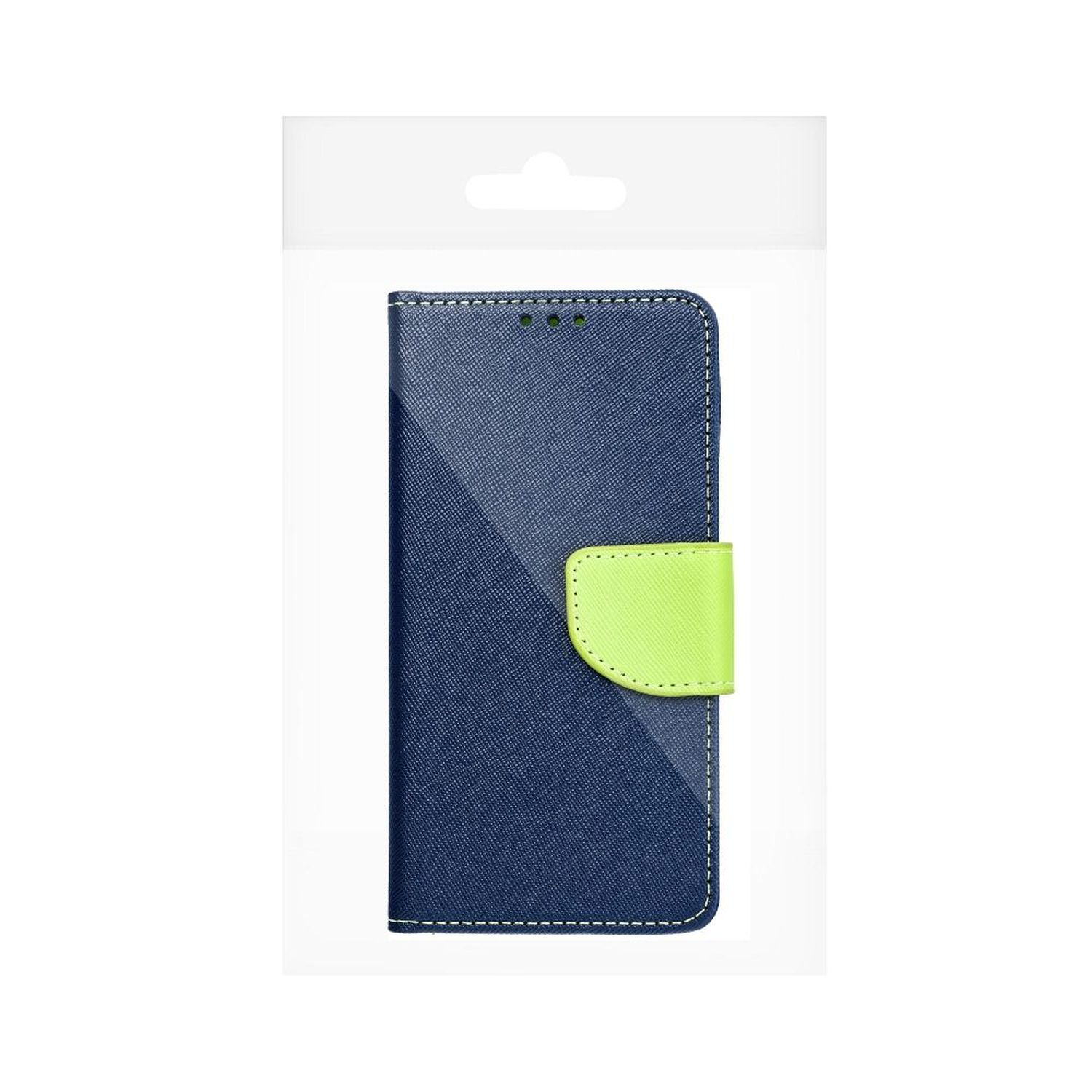 Una custodia per telefono blu con chiusura verde, in un pacchetto di plastica trasparente. La custodia è chiusa.
