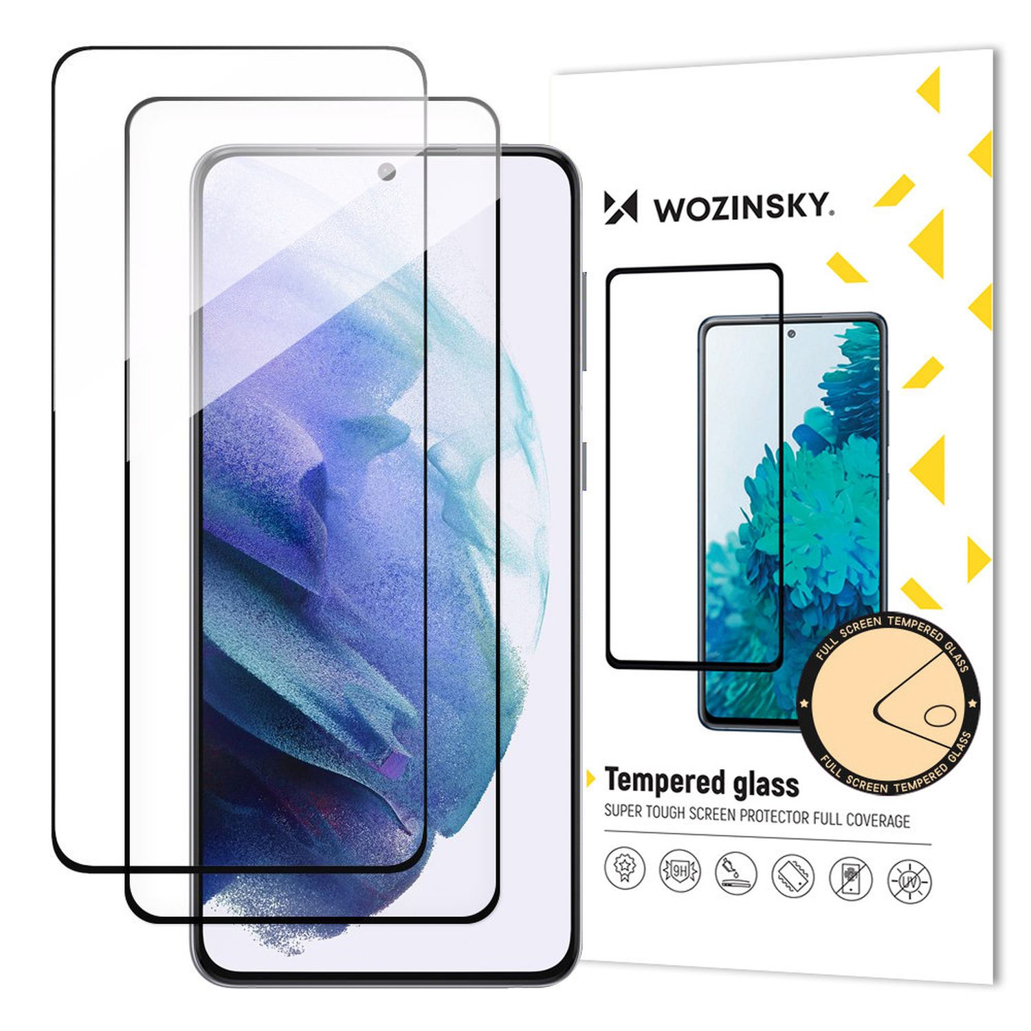 Zwei Displayschutzfolien und ein Telefon mit einer Wozinsky-Box. Das Telefon ist im Fokus, mit aufgebrachter Folie.