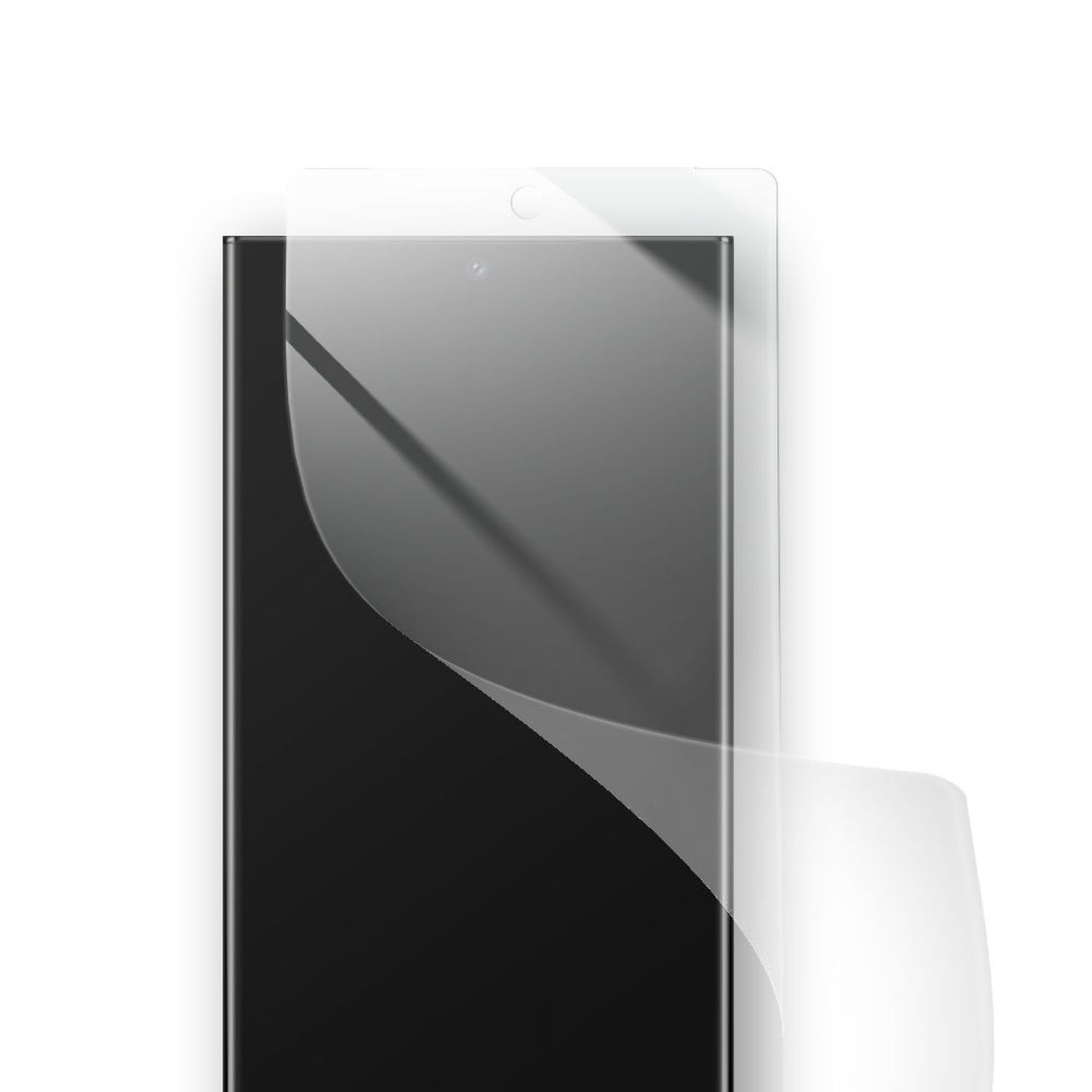Eine transparente Displayschutzfolie wird auf einem schwarzen Smartphone angebracht.