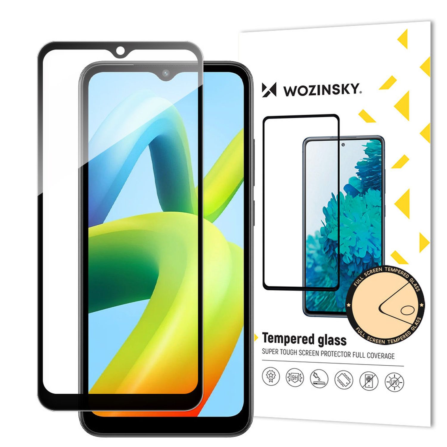 Handy-Displayschutzfolien und ein Handy. Die Schutzfolien sind schwarz und klar.