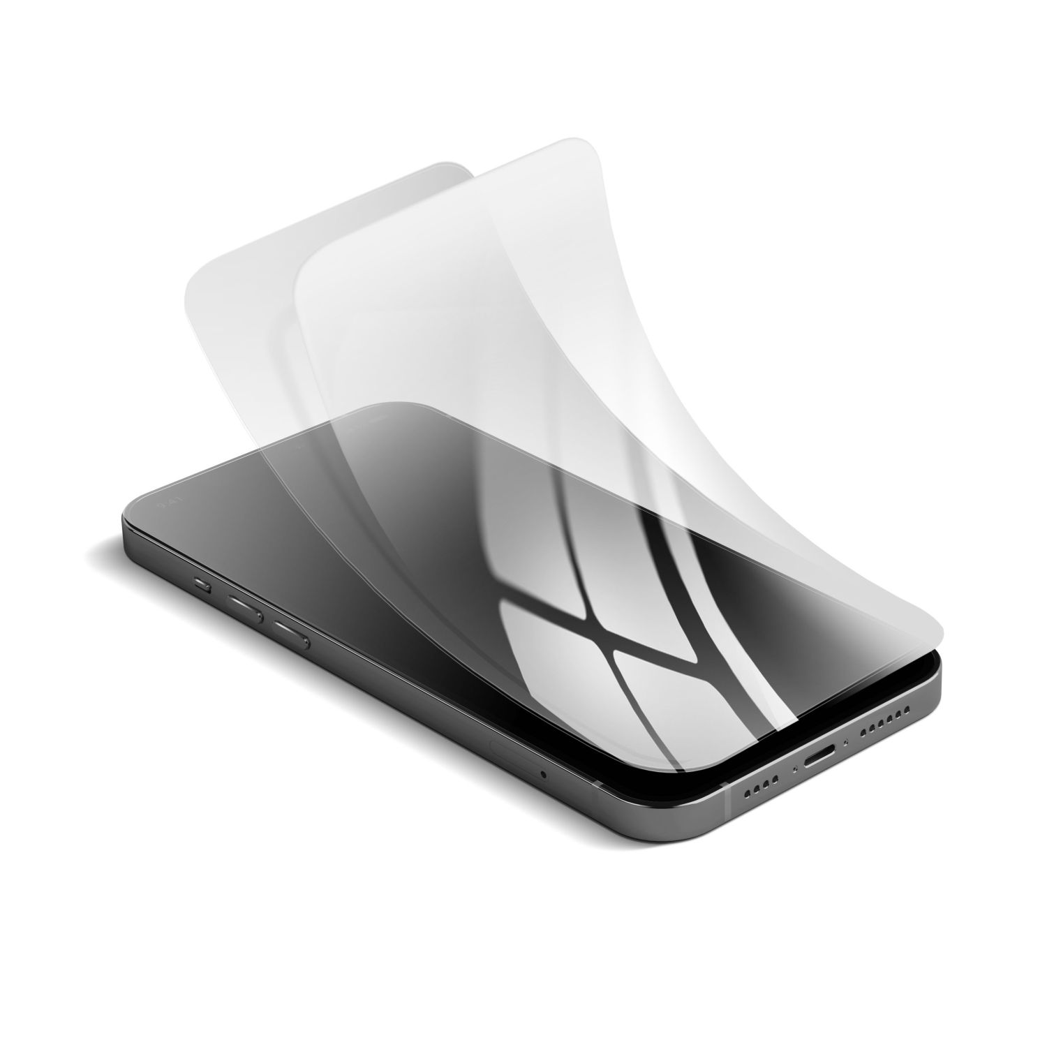 Ein Smartphone, auf das eine Displayschutzfolie angebracht wird, mit einigen sichtbaren Schichten.