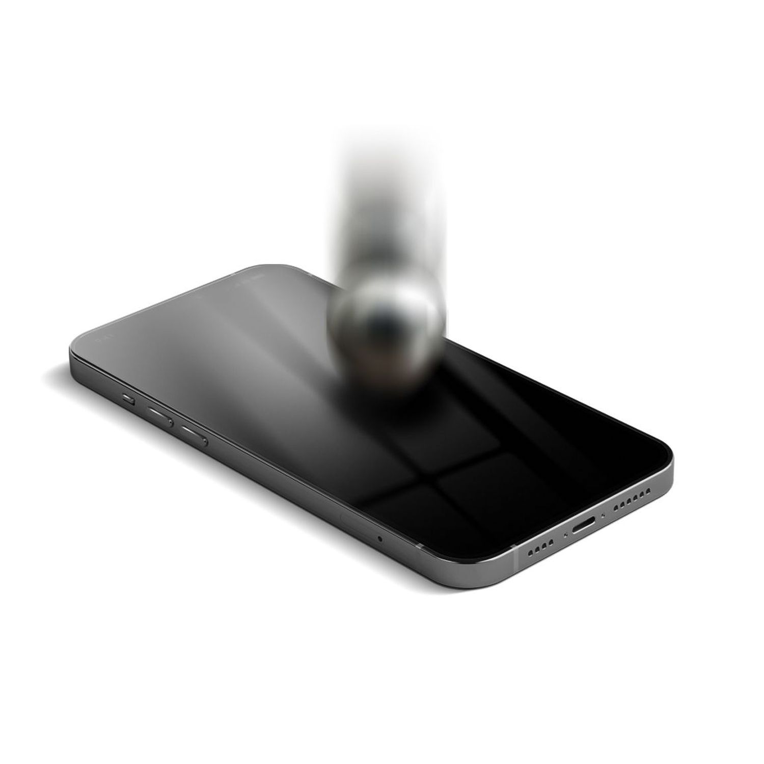Smartphone mit einer Kugel, die auf den Bildschirm trifft. Weißer Hintergrund.