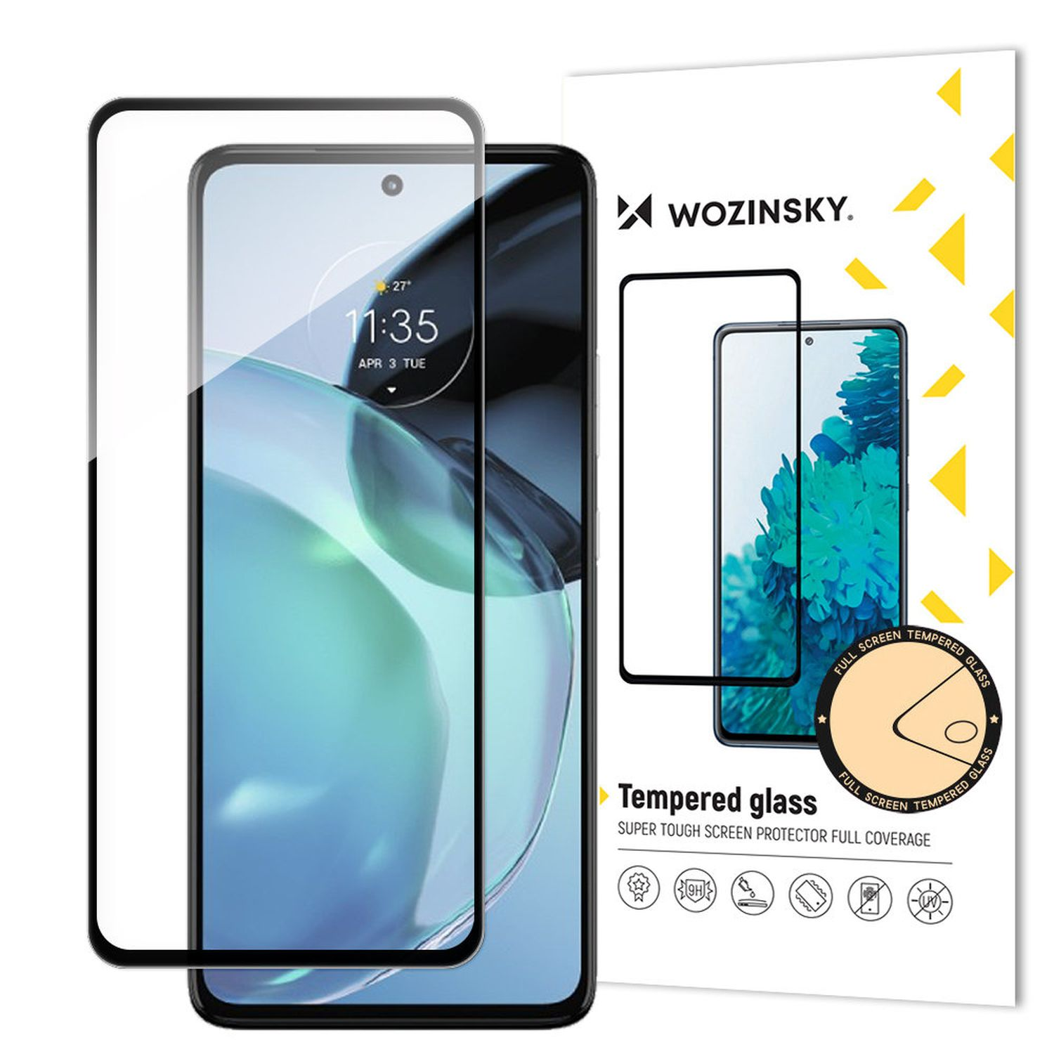 Ein Smartphone mit aufgebrachter Displayschutzfolie und deren Verpackung. Text: Gehärtetes Glas, Vollschutz.