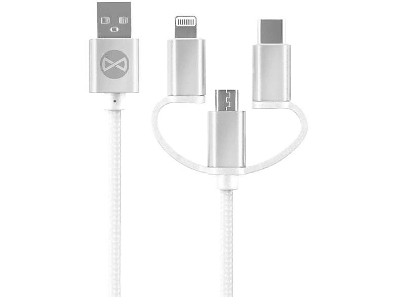 FOREVER 3in1 USB - + Ladekabel, iPhone + microUSB USB-C 1,2m, Weiß