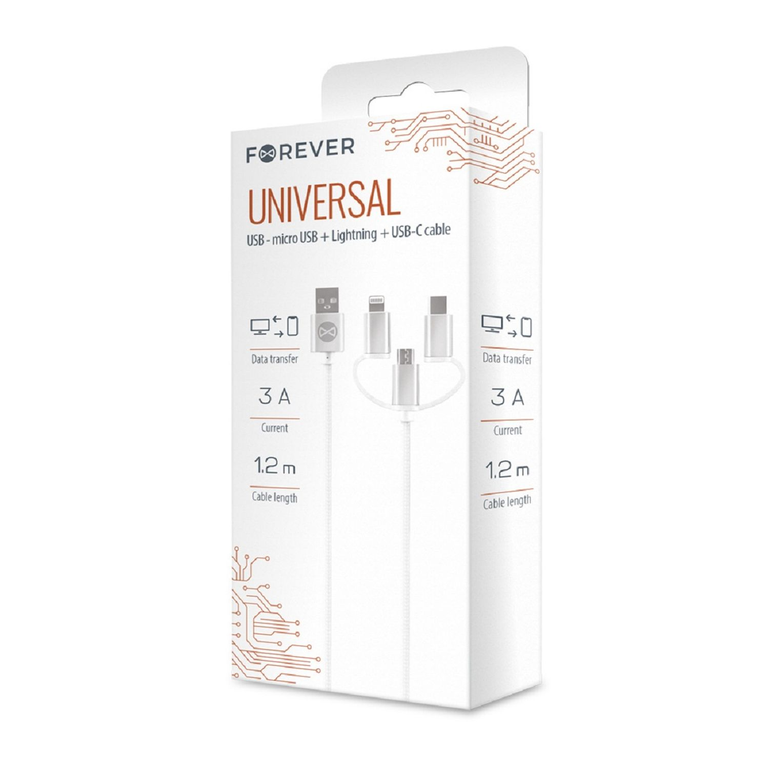 Eine weiße Box mit einem USB-Kabel, zeigt Datentransfer und Kabellänge.