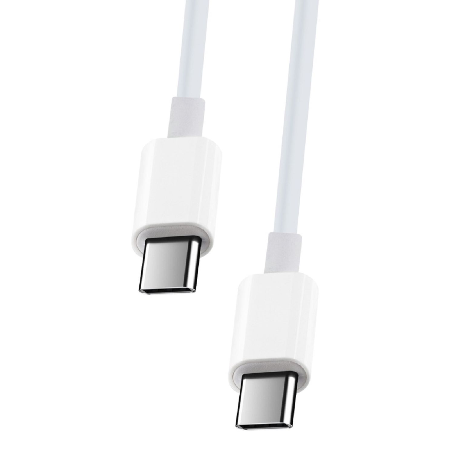 Zwei weiße USB-C-Kabel. Beide Kabel haben weiße Stecker an jedem Ende. Weißer Hintergrund.