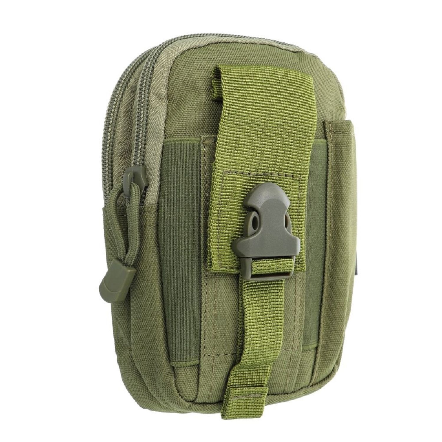Grüne Utility-Tasche mit Reißverschluss, Riemen und Schnalle. Für den Außeneinsatz konzipiert.