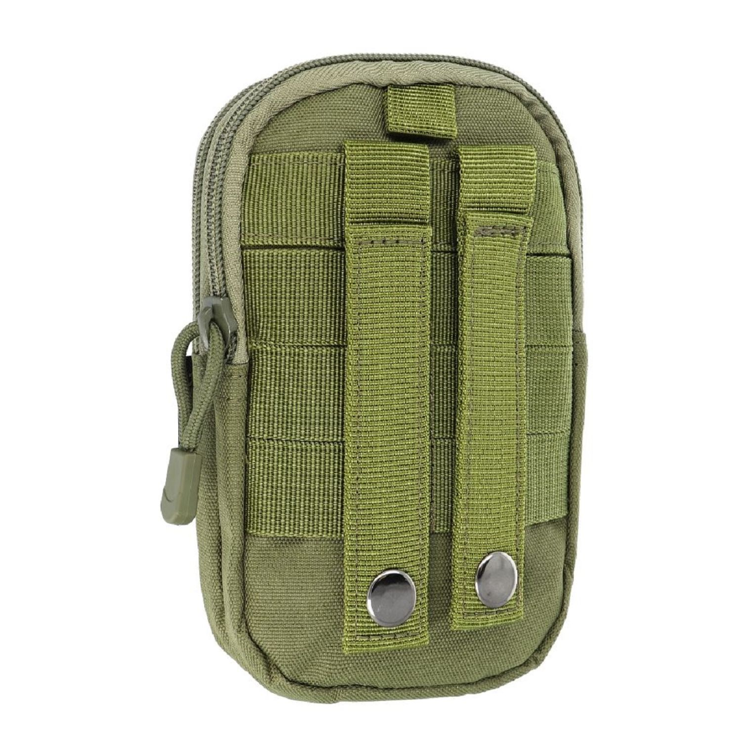 Nahaufnahme einer braunen und grünen Camouflage-Tasche mit mehreren Riemen und Taschen.