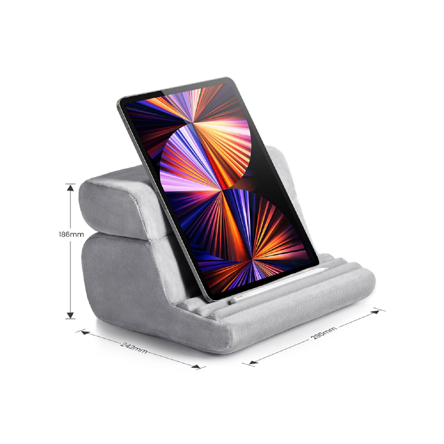 Szary stojak na tablet z tabletem wyświetlającym kolorowy obraz, z wymiarami.