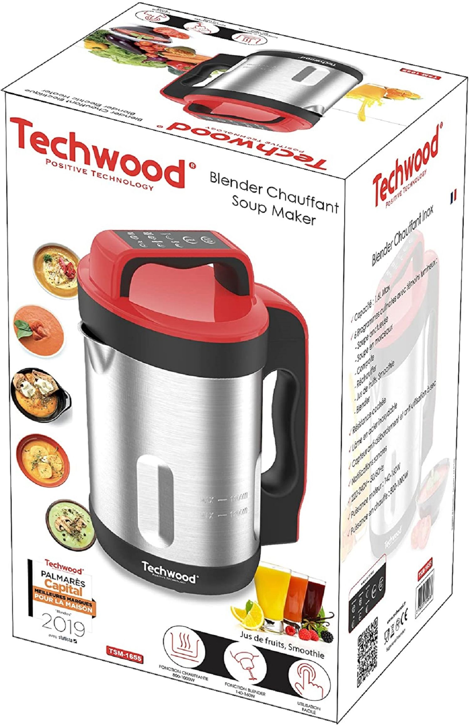 Eine Blender-Suppenbereiter-Box auf weißem Hintergrund. Die Box zeigt den Mixer und Bilder von Suppe.