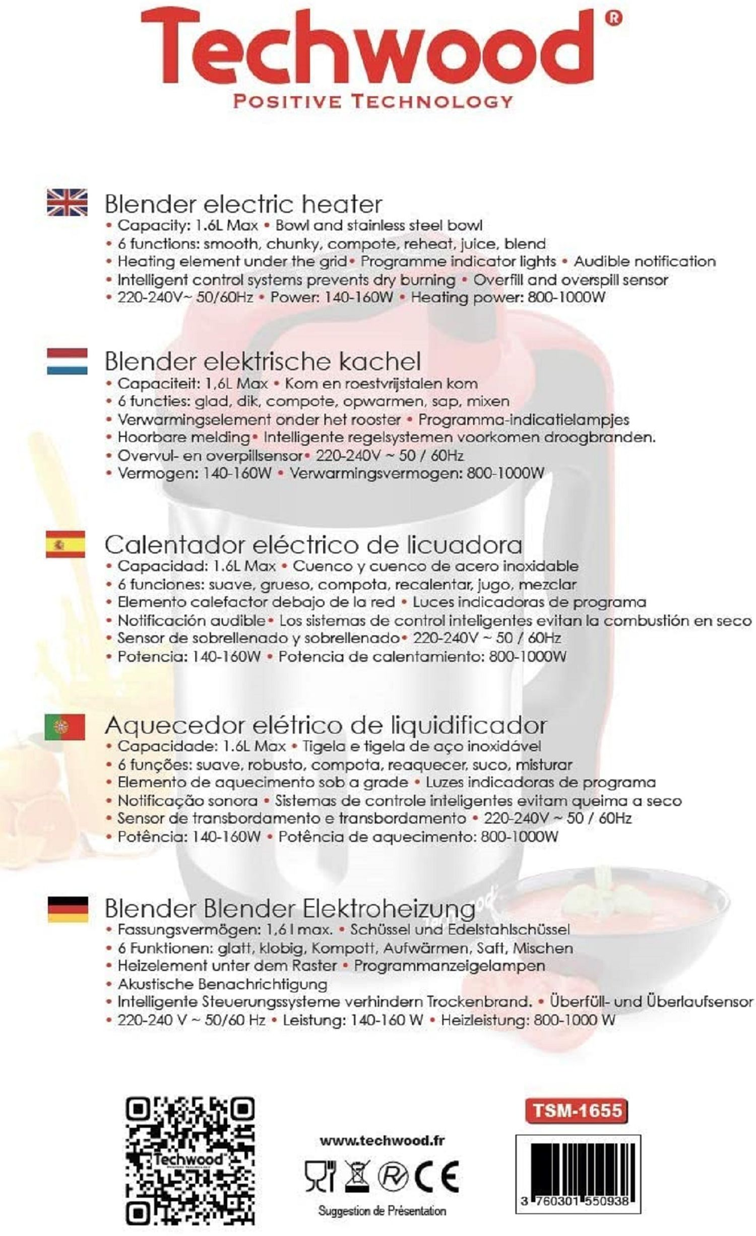 Produktblatt eines Mixers mit mehrsprachigen Beschreibungen.