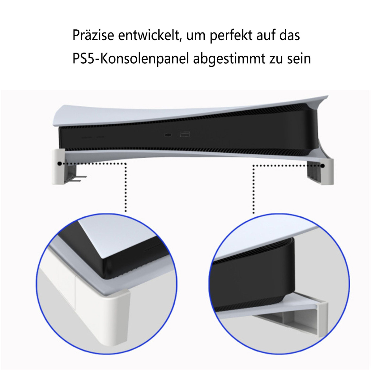 PS5-Konsole auf einem Ständer. Nahaufnahme der Konsole und Details.