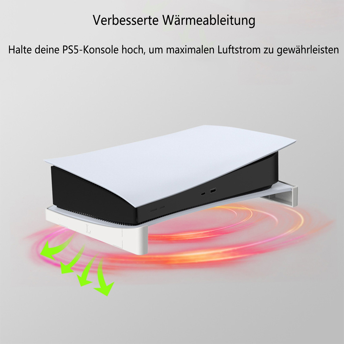 PS5-Konsole auf einem weißen Ständer, mit Text, der verbesserte Wärmeableitung und Luftzirkulation anzeigt.