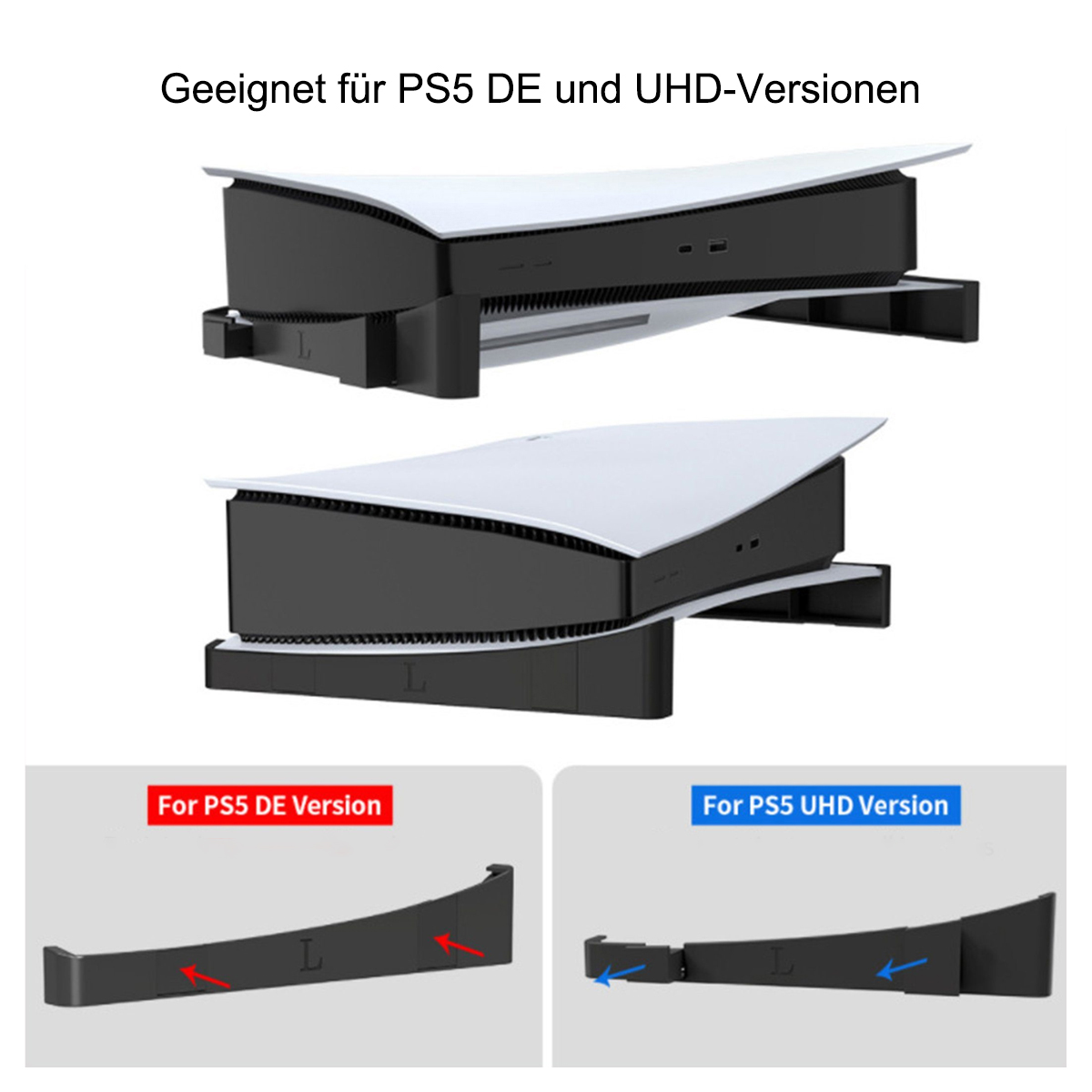 Zwei Spielkonsolen in Ständern mit Etiketten, die Versionen veranschaulichen.