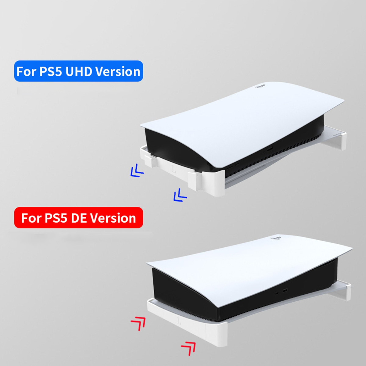 Zwei PS5-Konsolen mit unterschiedlichen Ständerdesigns, eine für die UHD-Version und die andere.