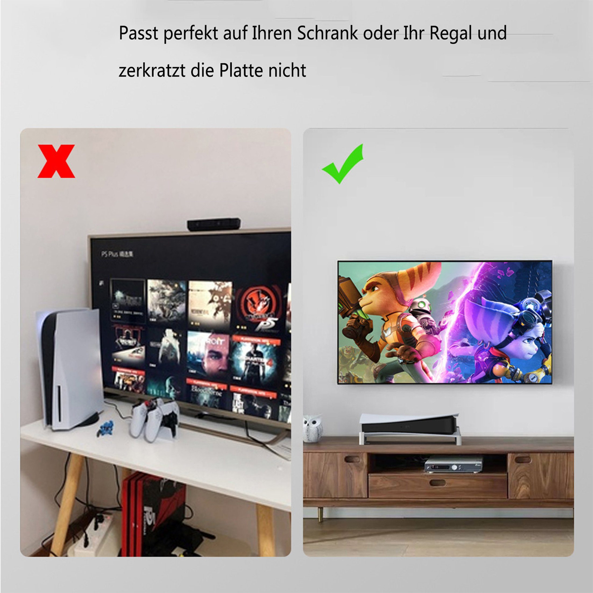 Bildvergleich TV-Setup: PS5 auf einem Tisch vs. TV an der Wand mit PS5 auf einem Regal. Text auf Deutsch.