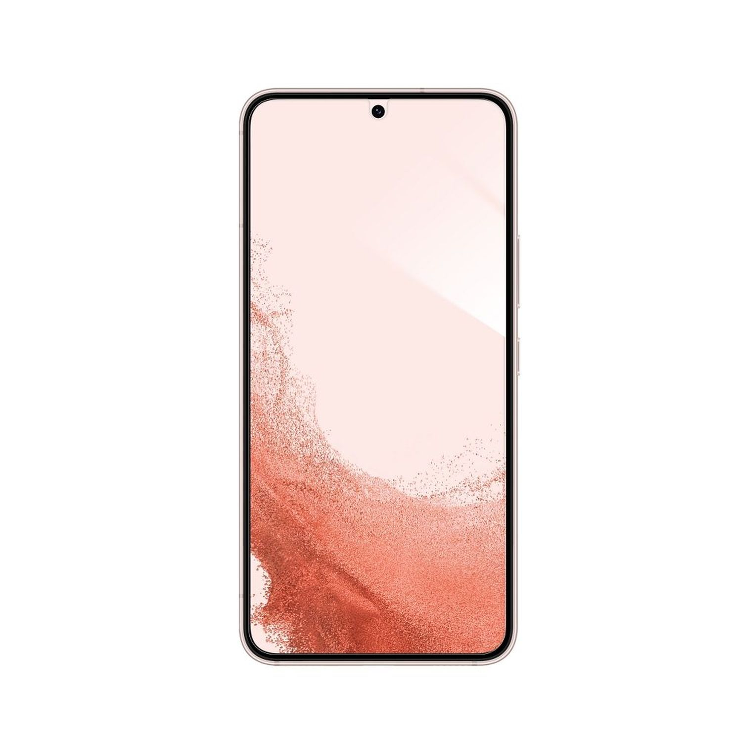 Ein Smartphone mit pinkfarbenem Bildschirm, Frontkamera und goldfarbenem Rahmen auf weißem Hintergrund.