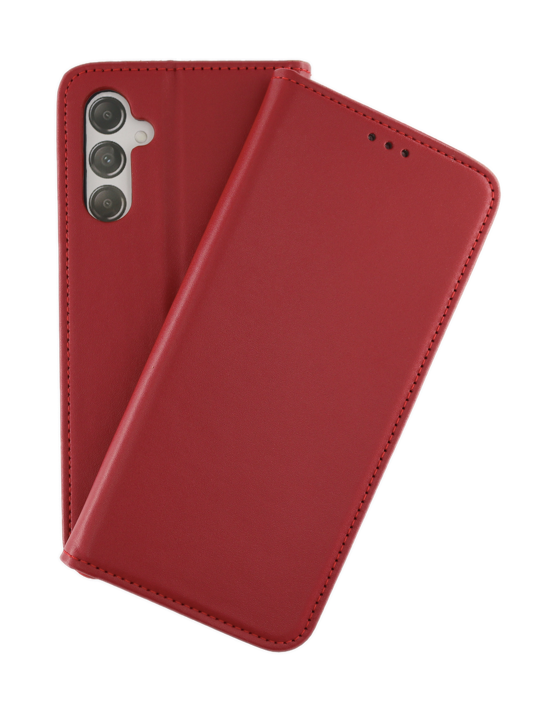 Rote Handyhülle geöffnet, zeigt Telefonkamera und Rückseite des Telefons, weißer Hintergrund.