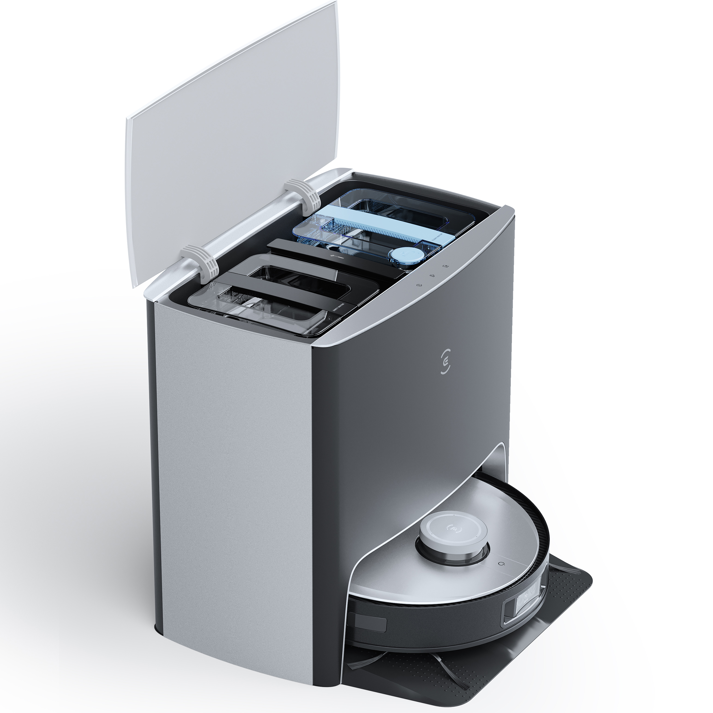 Ein Roboter-Staubsauger mit geöffnetem Deckel, der Reinigungskomponenten zeigt.