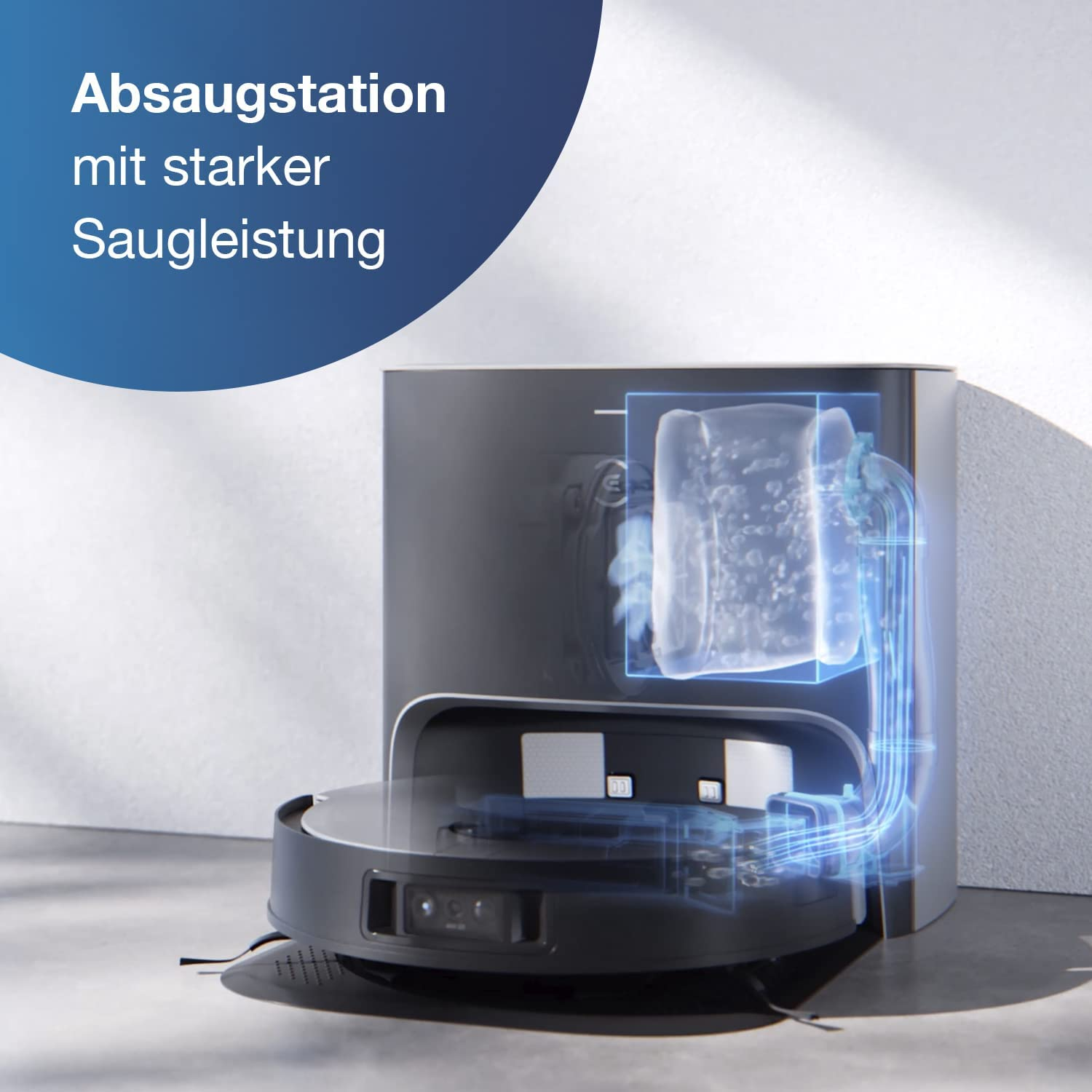 Ein Roboter-Staubsauger und seine Dockingstation mit hervorgehobenem Reinigungspfad.