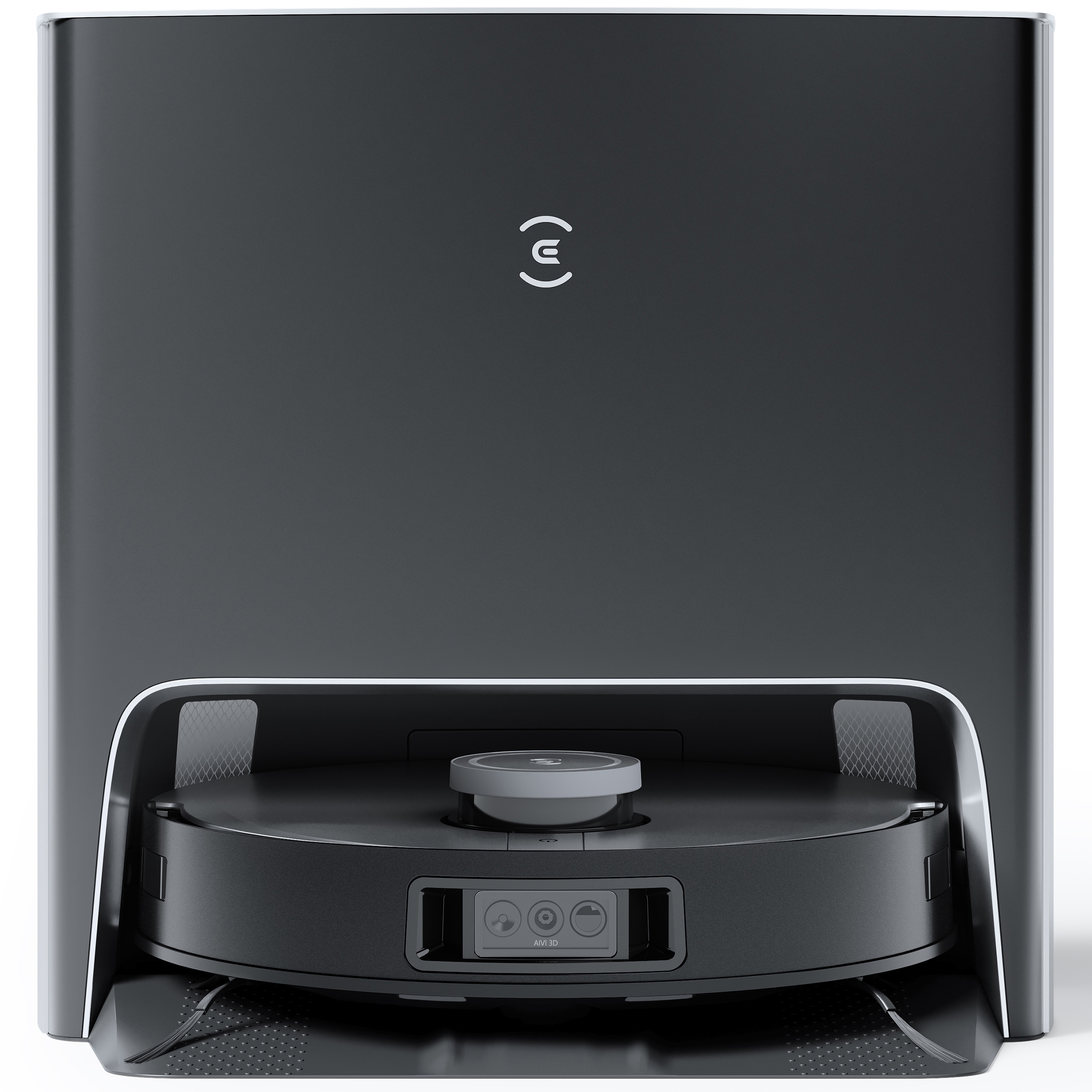 Roboter-Staubsauger mit schwarz-grauem Design, rundem Körper und Ladestation.