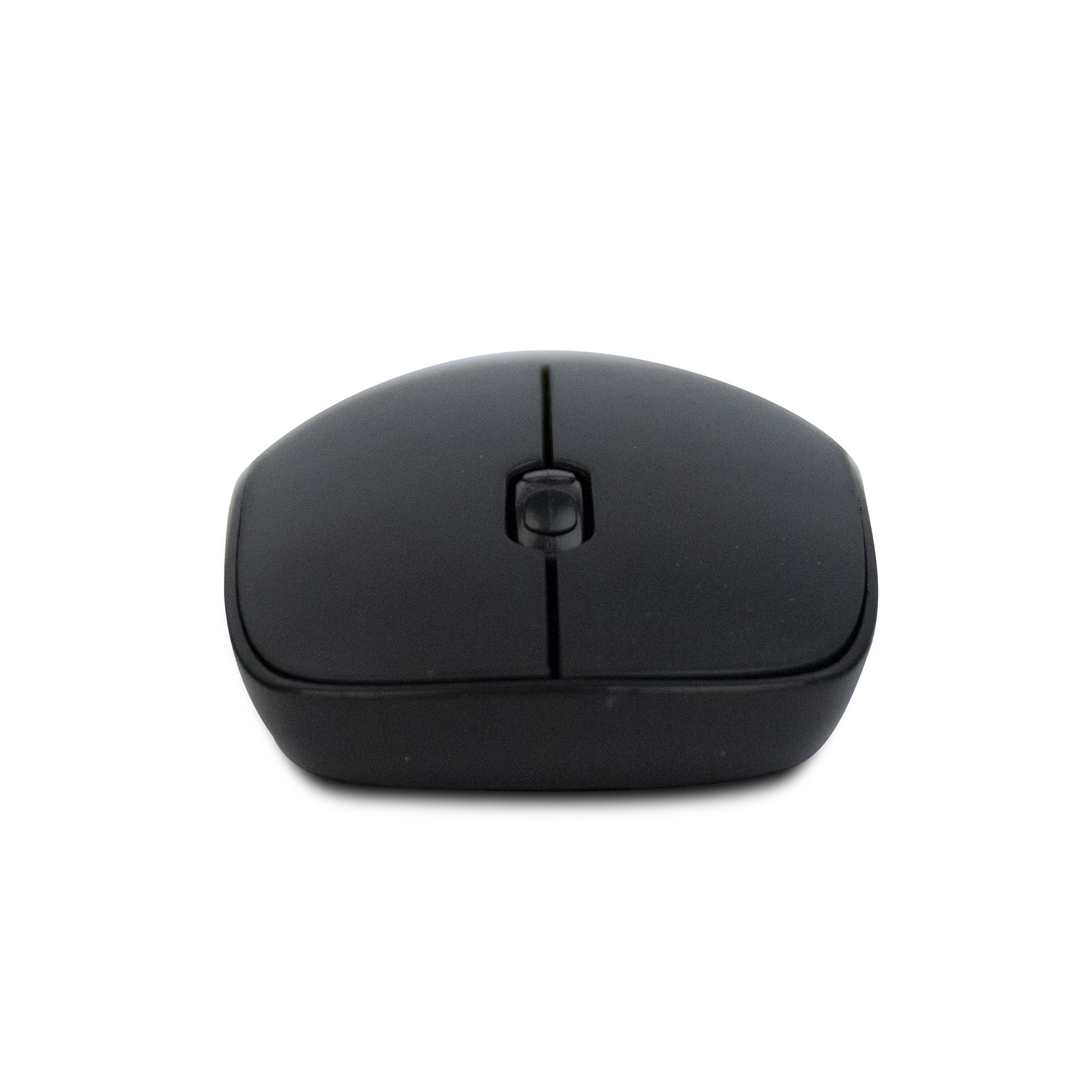 Un mouse nero con rotella e due pulsanti su sfondo bianco.