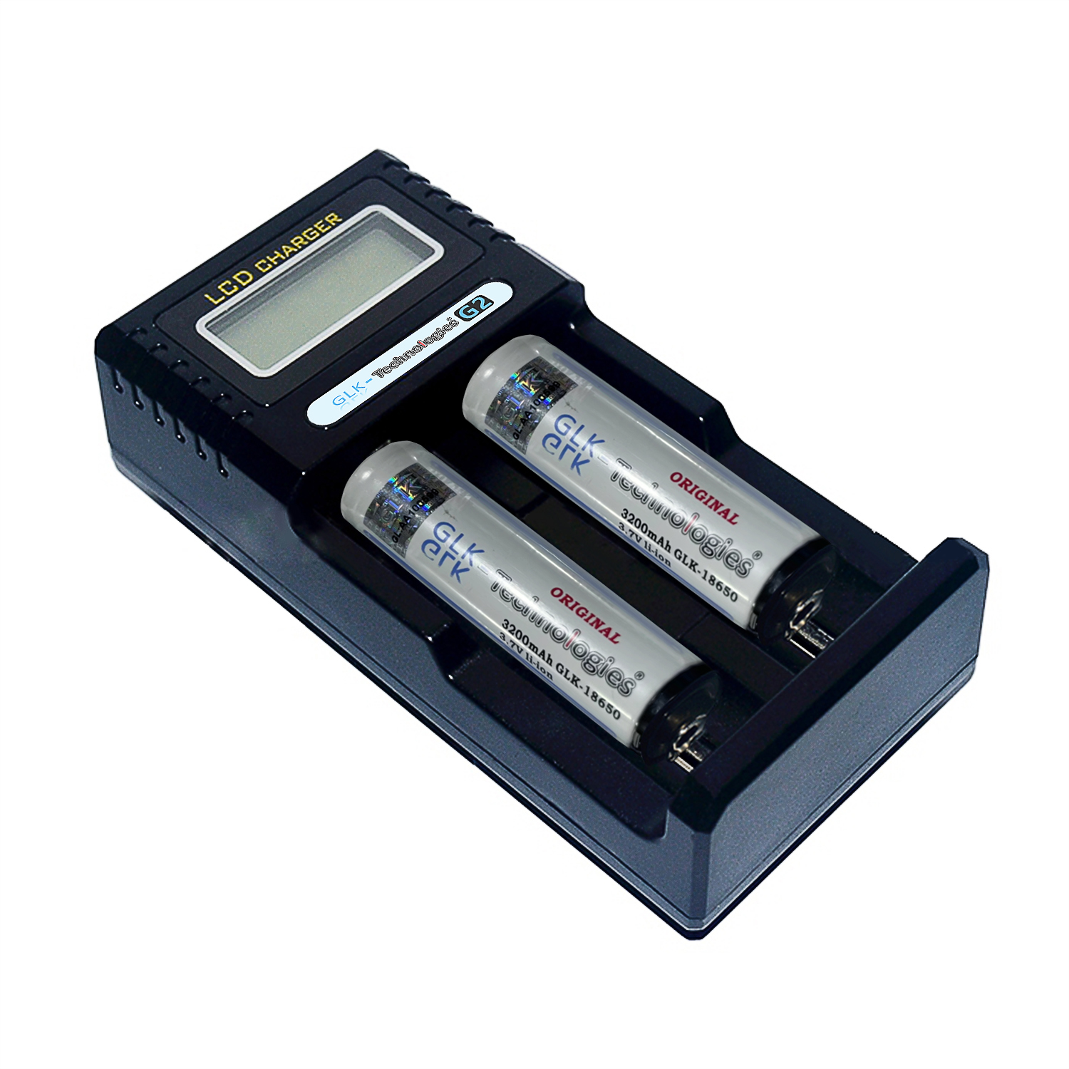 Schwarzes LCD-Ladegerät mit zwei zylindrischen Batterien, beschriftet mit Marke und Spezifikationen, auf weißer Oberfläche.