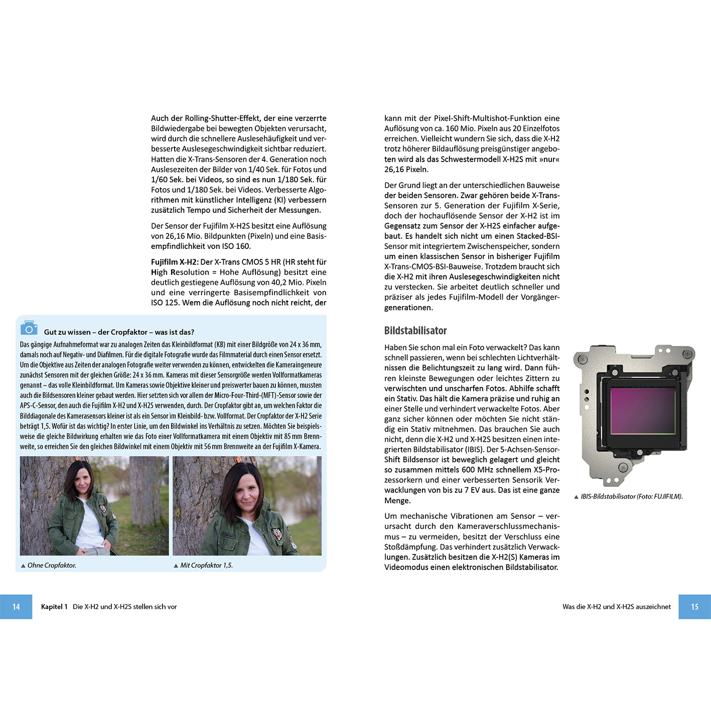 Eine Magazinseite, die Kamerafunktionen und Bildstabilisierungsdetails diskutiert.