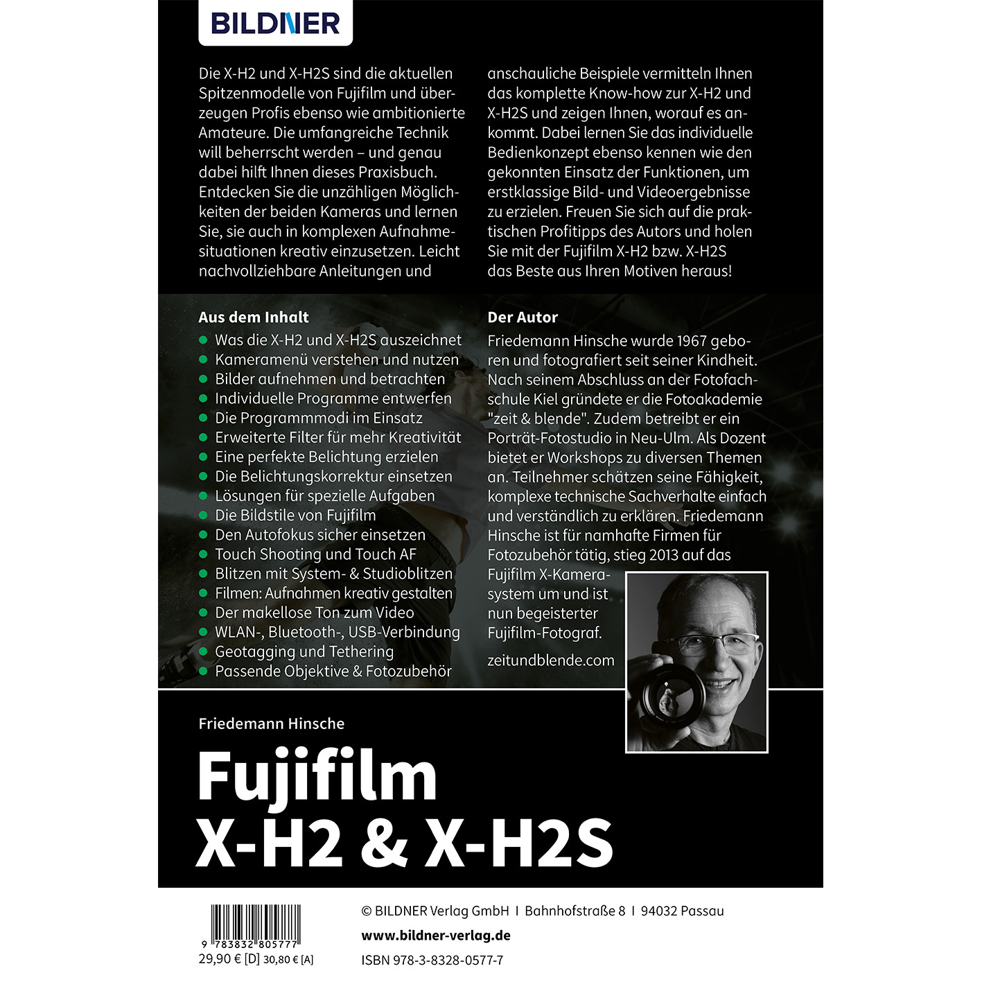 Buchrückseite. Text und Personenportrait. Titel: Fujifilm X-H2 & X-H2S. Autor: Friedemann.
