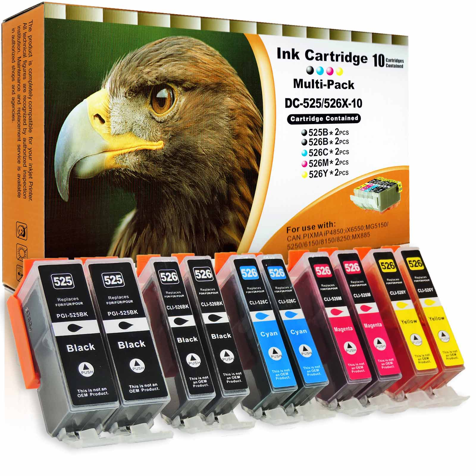 D&C MG8250-10 Tintenpatrone Multipack 10-Farben Gelb) 2x (PGI-525, Magenta, 2x 2x Cyan, Schwarz, Fotoschwarz, CLI-526) 2x (2x