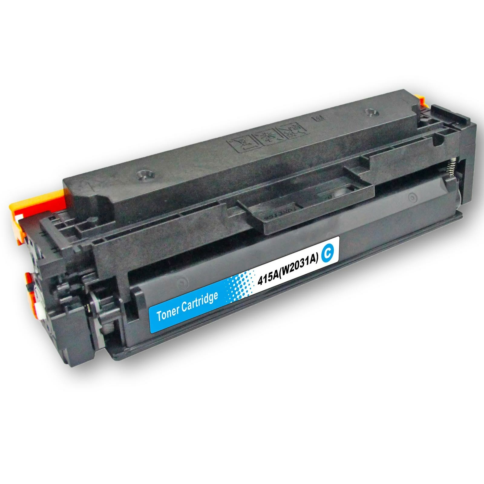 Schwarze Tonerkartusche mit einer orangefarbenen Seite und einem blauen Aufkleber mit weißen Linien.