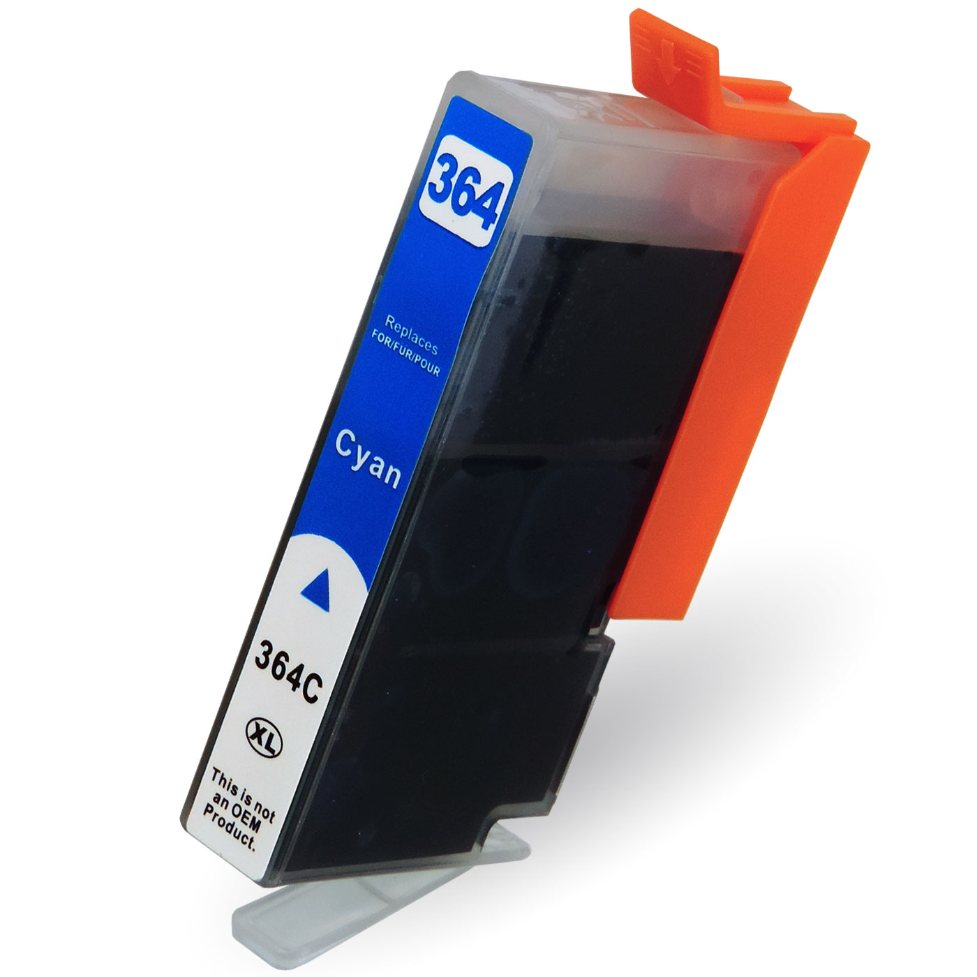 Cyan-Tintenpatrone mit orangefarbenem Zuglasche. Sie ist mit '364C XL' beschriftet.