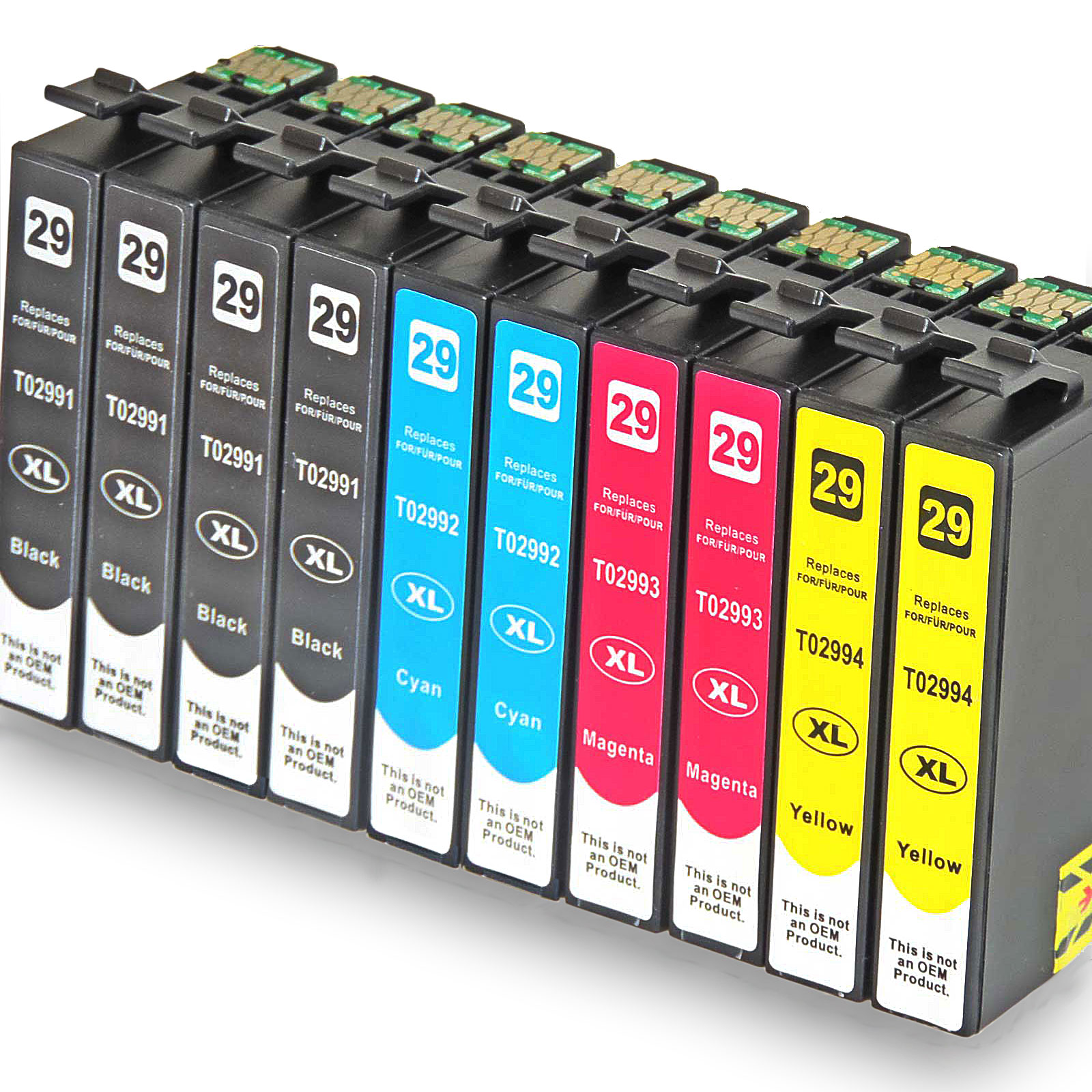 Tintenpatronen in Schwarz, Cyan, Magenta und Gelb, mit Zahlen und XL beschriftet. Sie sind für Drucker gekennzeichnet.