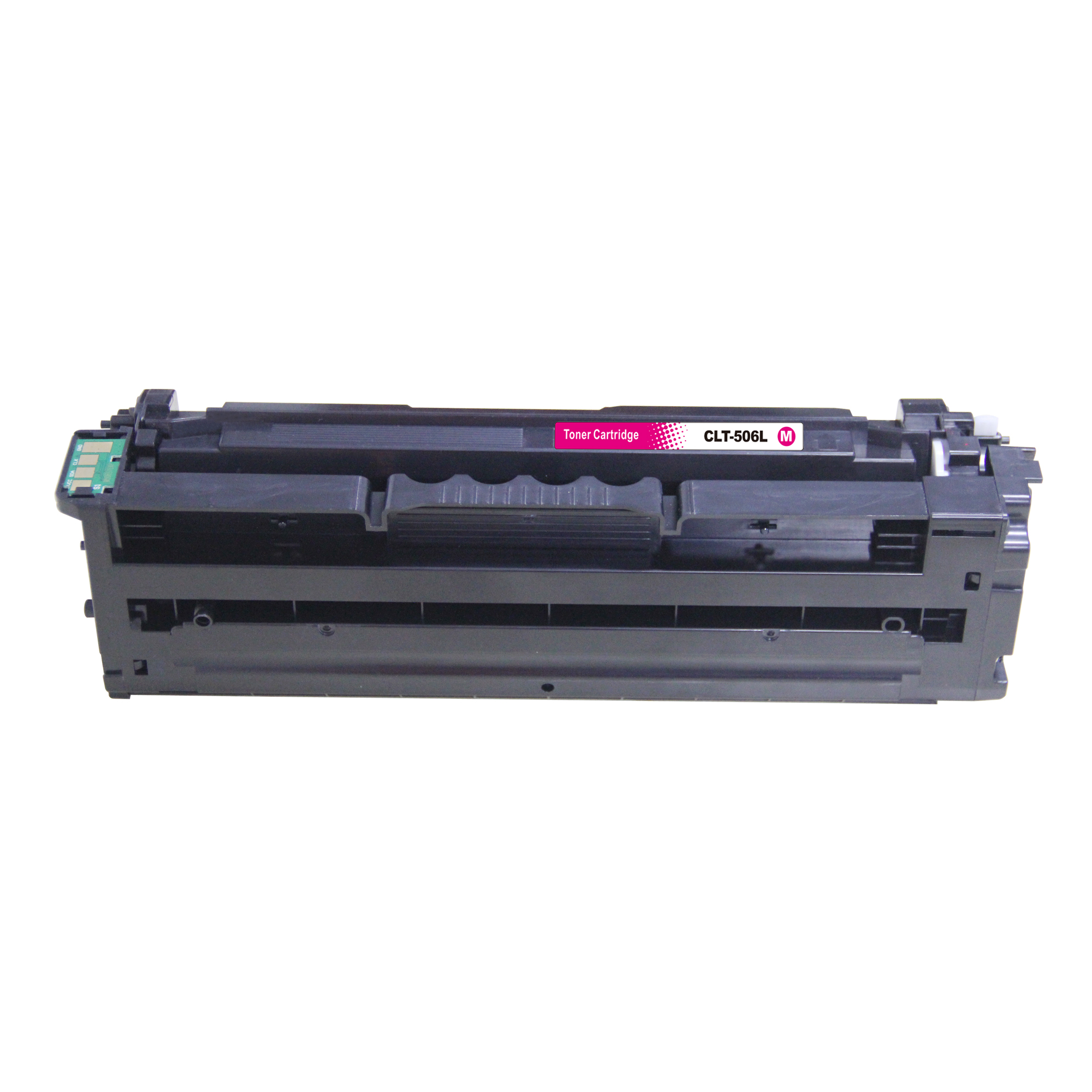 Schwarze Tonerkartusche mit magenta Etikett. Text: Tonerkartusche. Markenname sichtbar.