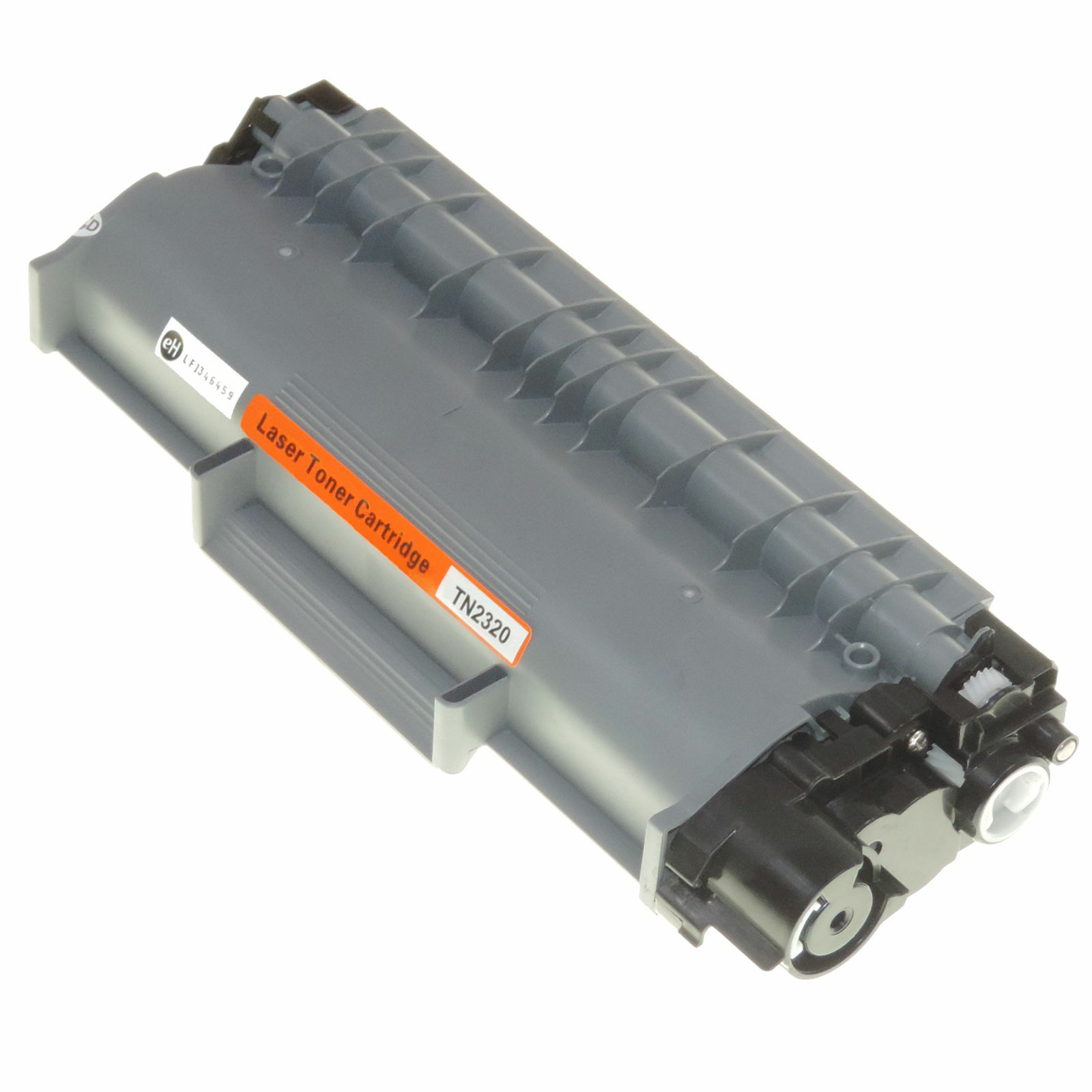 Eine graue Lasertoner-Kartusche mit einem orangefarbenen Etikett. Hat schwarze Komponenten.