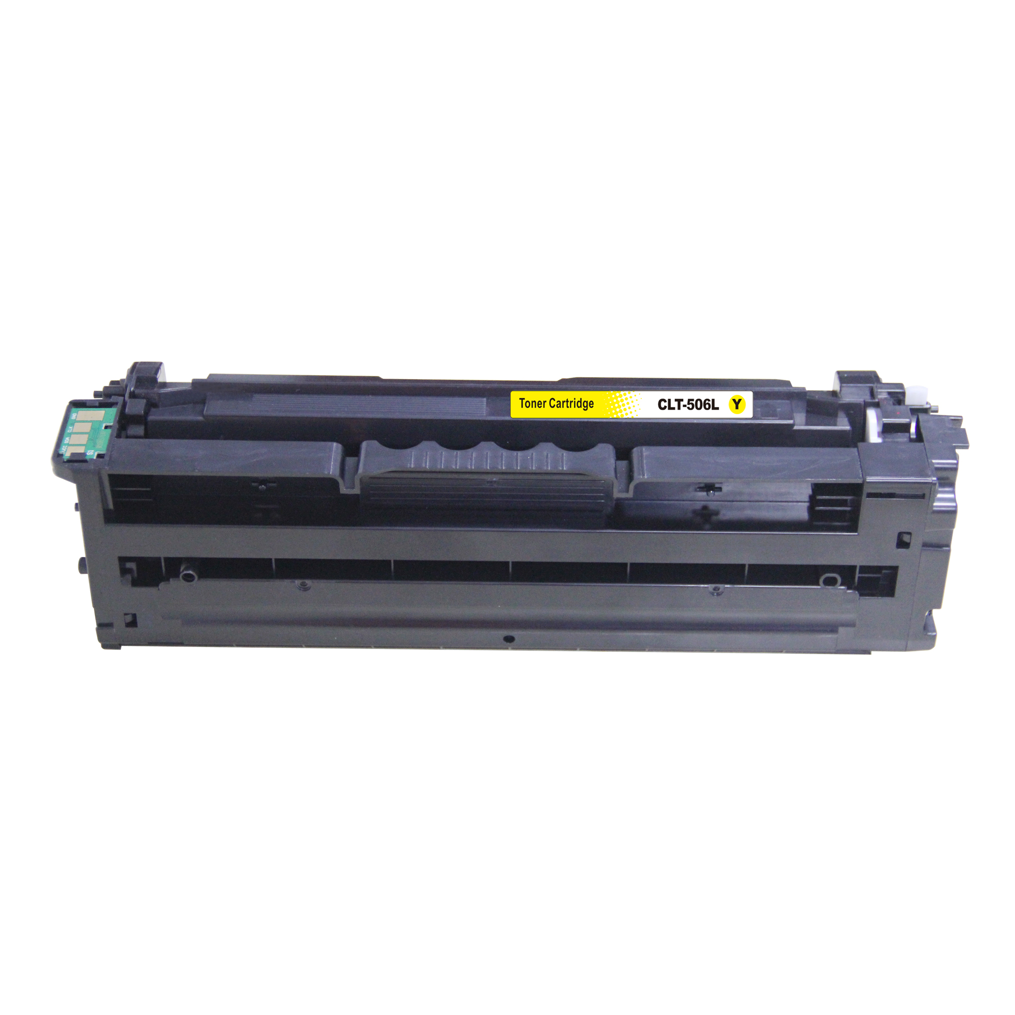 Eine gelbe Tonerkartusche mit schwarzen Komponenten, beschriftet mit 'CLT-506L Y' und 'Toner Cartridge', auf weißem Hintergrund.