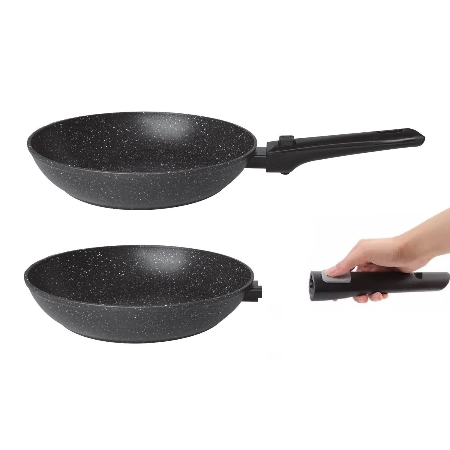 Zwei schwarze Woks mit abnehmbarem Griff, einer ohne Griff.