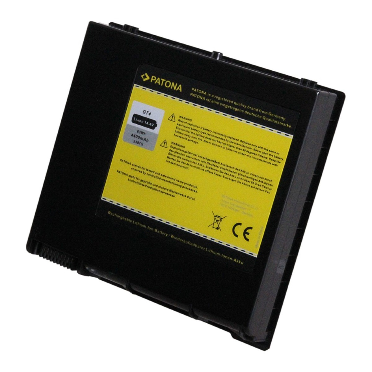 Ein schwarzer Laptop-Akku mit gelben Warnhinweisen. Es hat Text und ein CE-Zeichen.