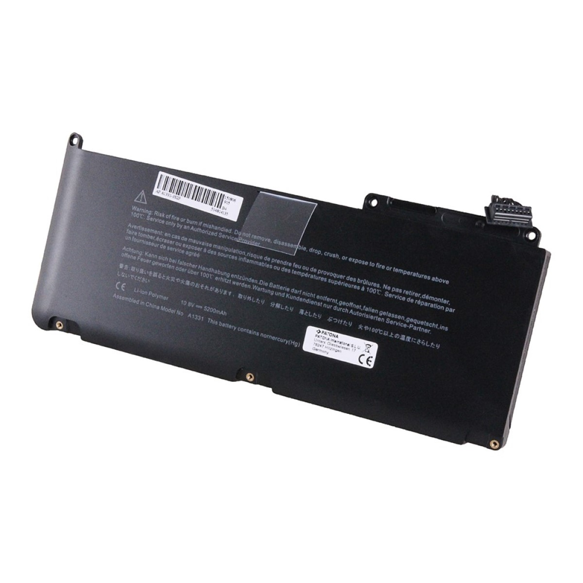 Eine schwarze Laptop-Batterie mit Warnhinweisen. Die Batterie hat Etiketten und Text darauf.