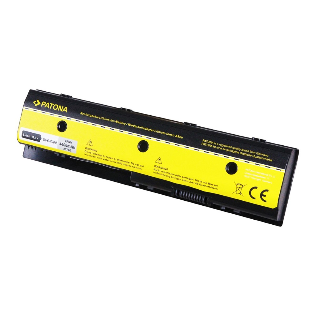 Laptop-Akku mit gelben Etiketten und Warnhinweisen auf weißem Hintergrund.