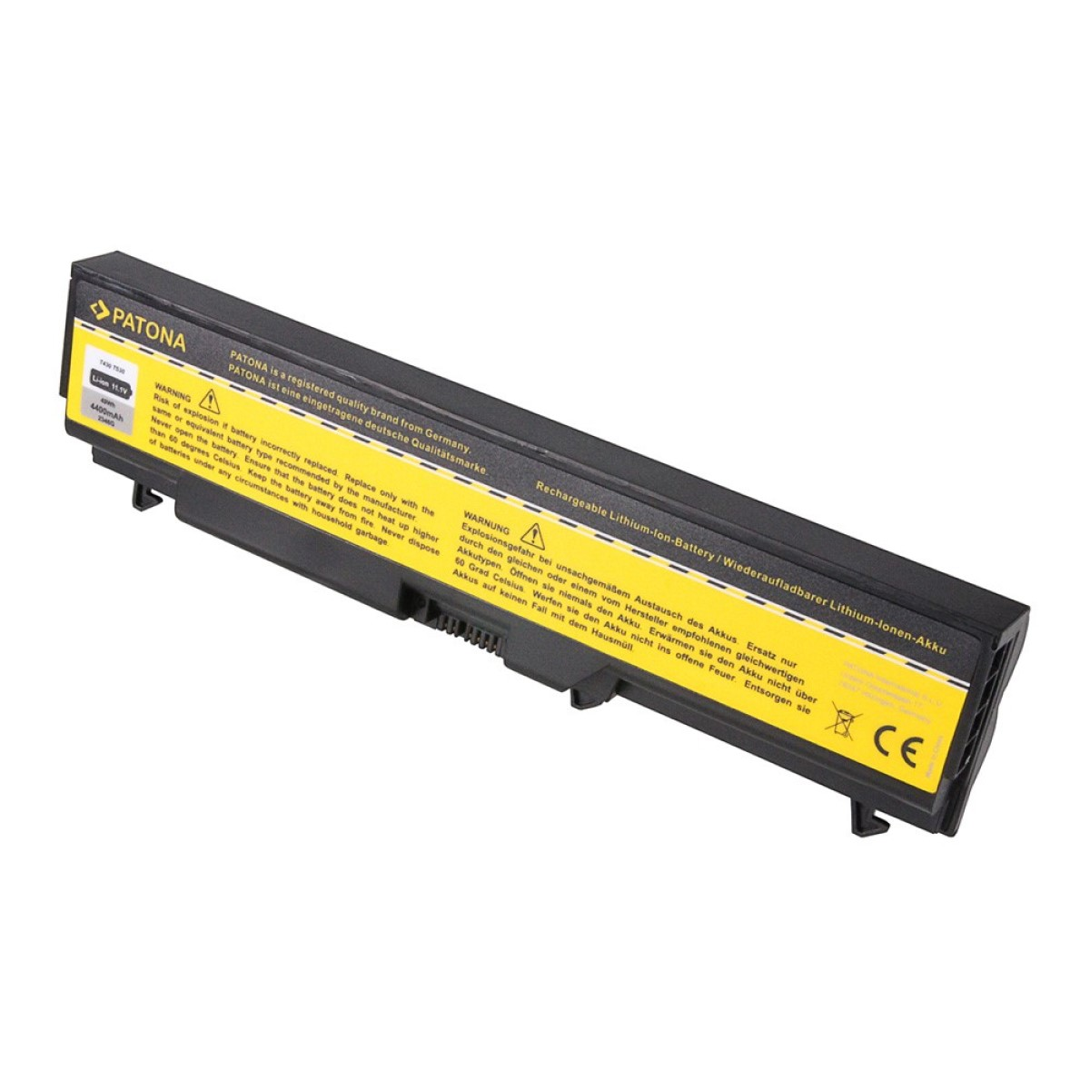 Laptop-Akku mit Warnhinweisen. Der Hintergrund ist weiß.