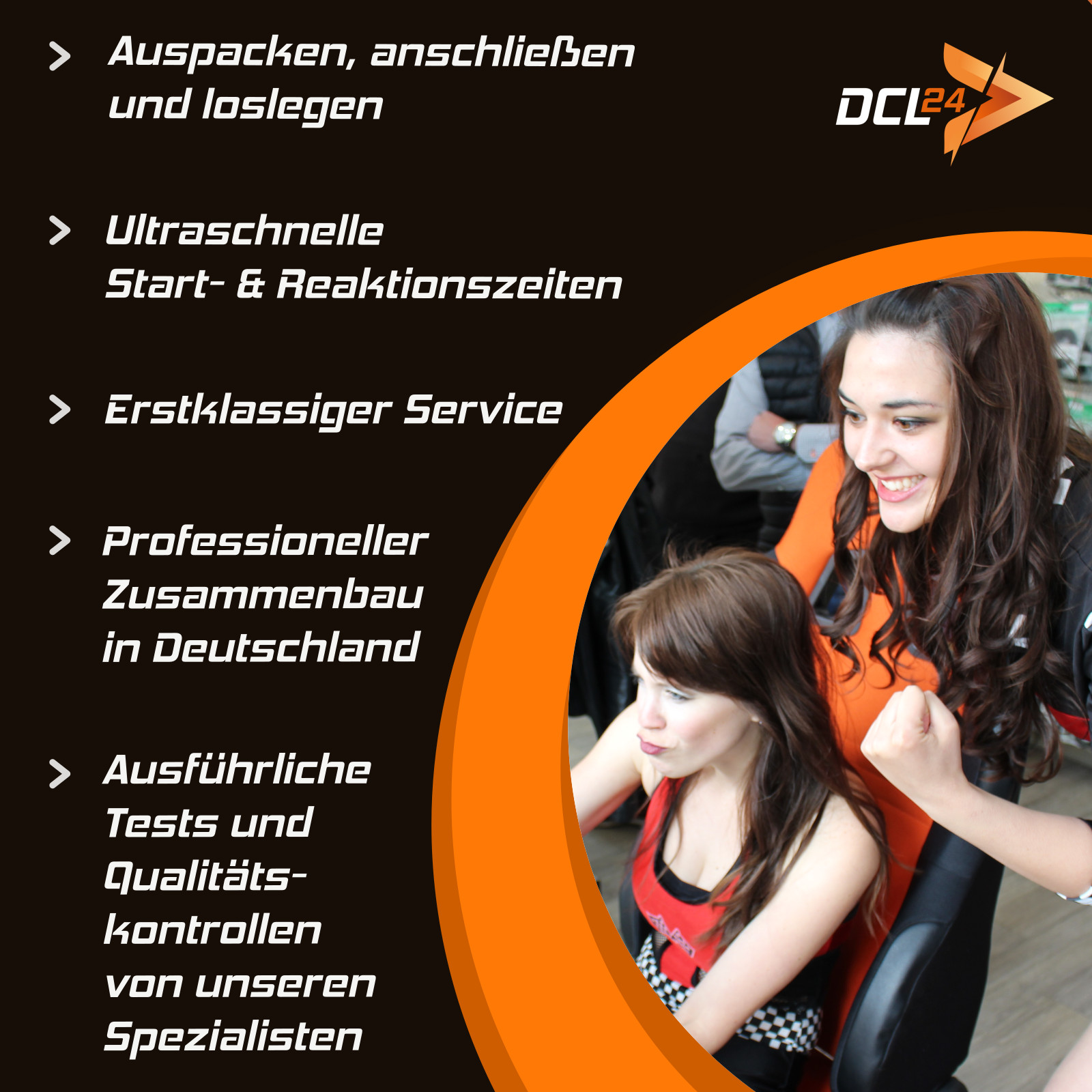 Zwei Frauen in einem Raum mit Text über DCI24. Der Text enthält schnelle Reaktionszeiten und Service.