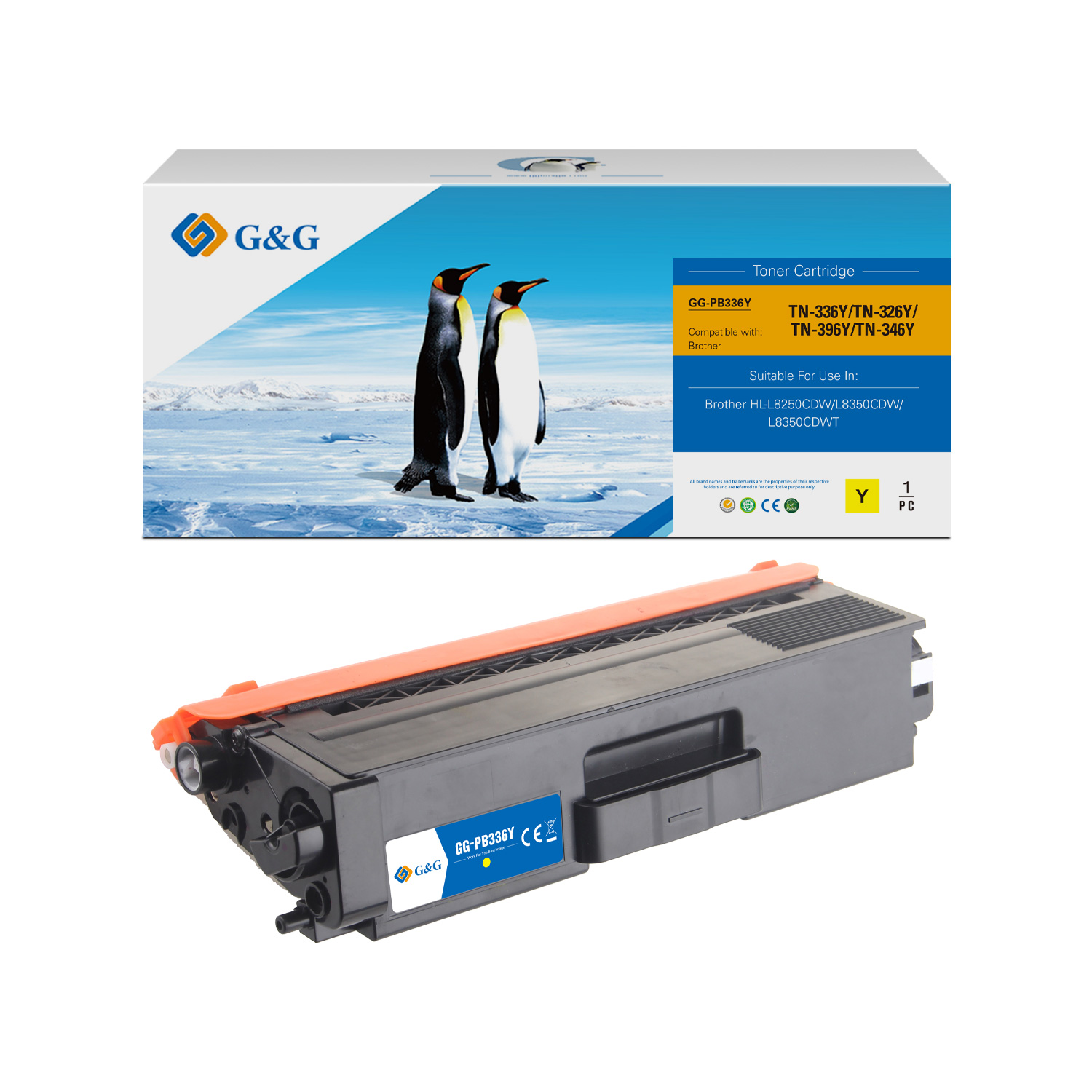 Scatola con cartuccia toner. Pinguini sul davanti. La cartuccia è nera e arancione.